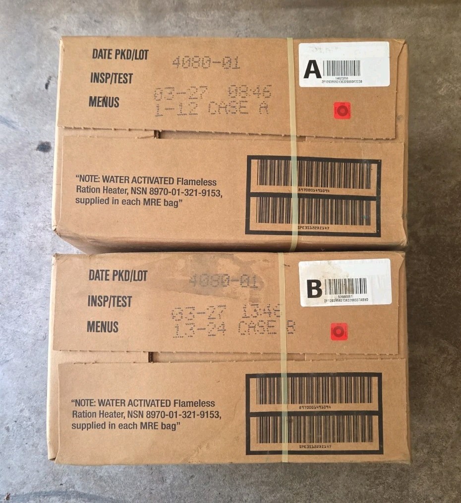 MRE Meals Ready To Eat Cases of 12  A and B Case  Date 03  2027 24 Meals