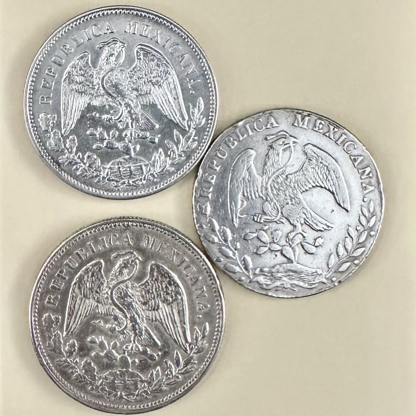🌹SET of (3) Mexico Republica Mexicana 1908-09, 1885 8 Reales 1 Peso Silver Coin