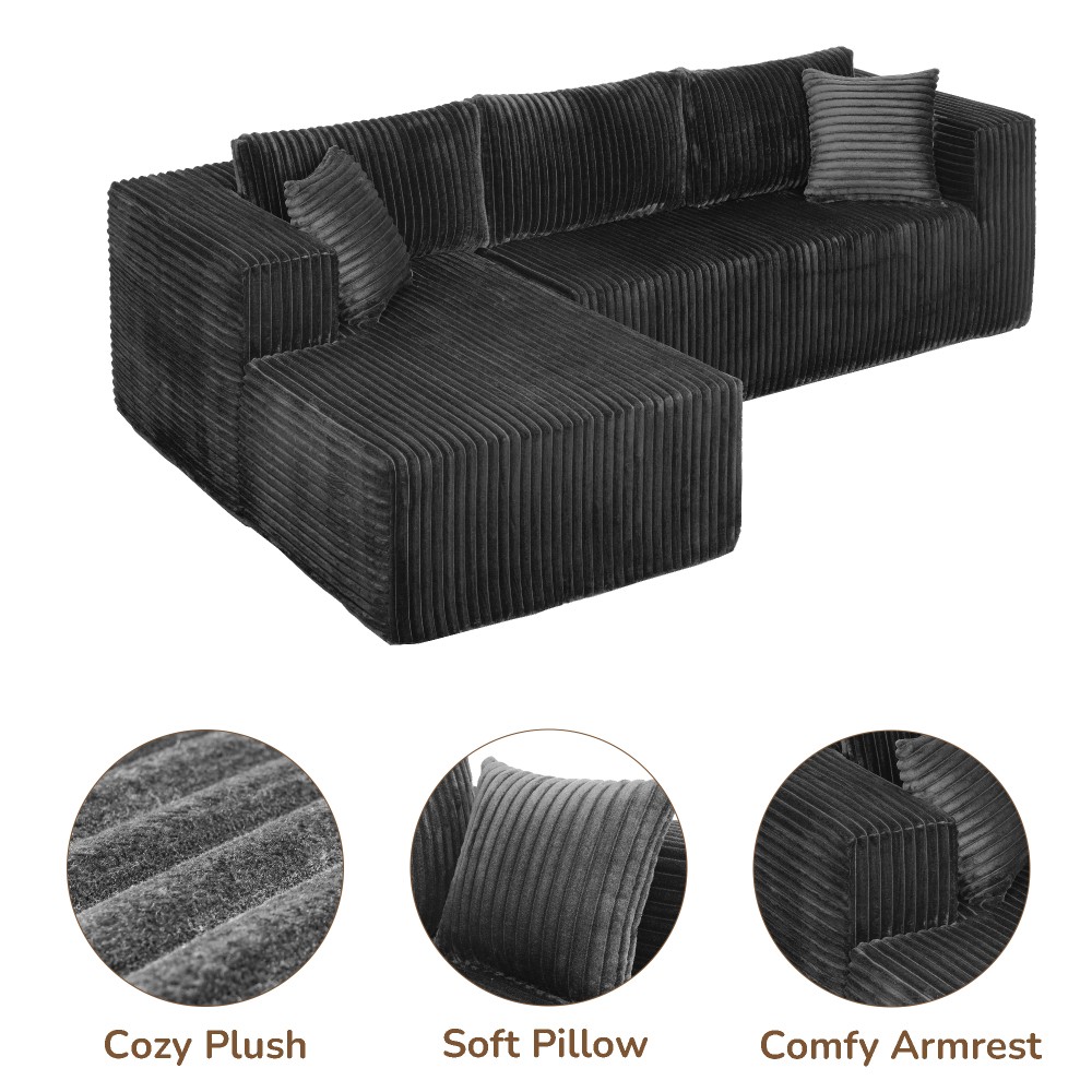 105" L-Shaped Modular Sofa Plush Upholstery & All-Foam Left Chaise Black