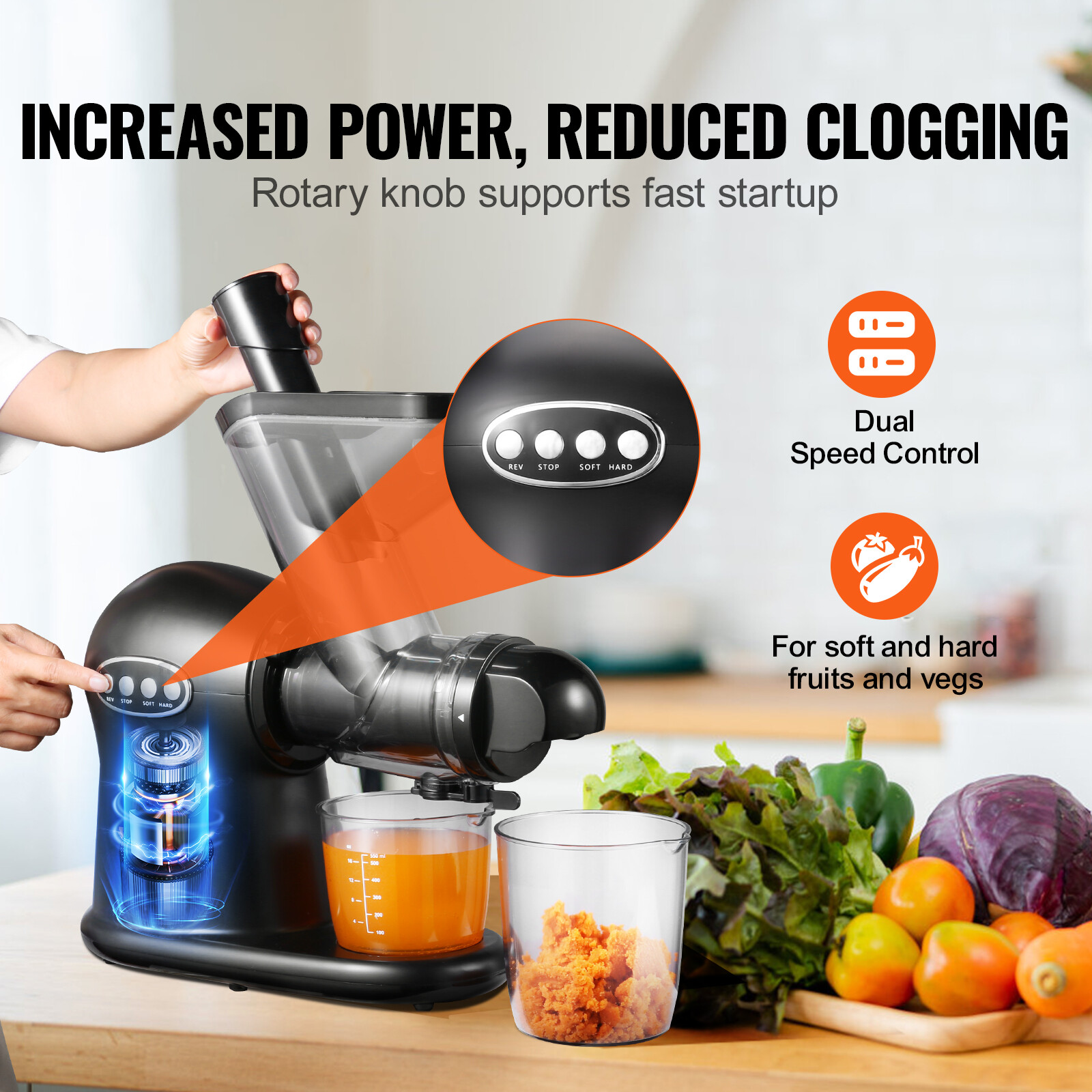 VEVOR Masticating Slow Juicer Electric Cold Press Squeezer Juice Extractor 200W