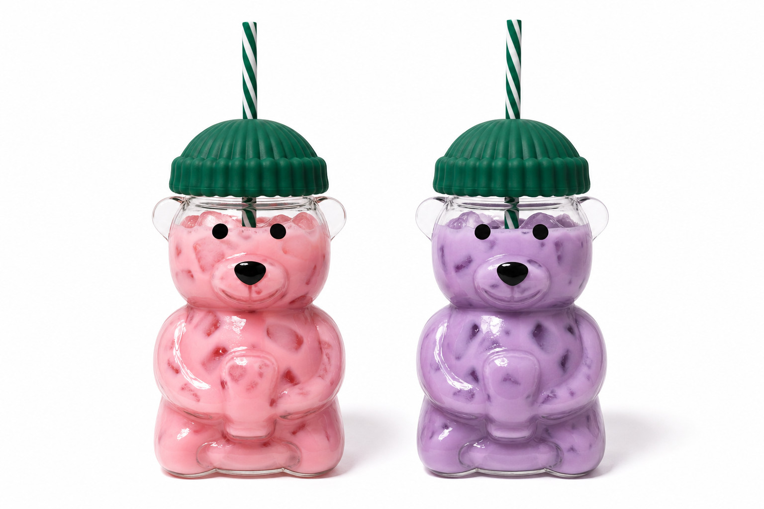 2x Bearista Bear Glass Cup Set 650ml 22oz Cold Hot Lid Straw Gift Friends Couple