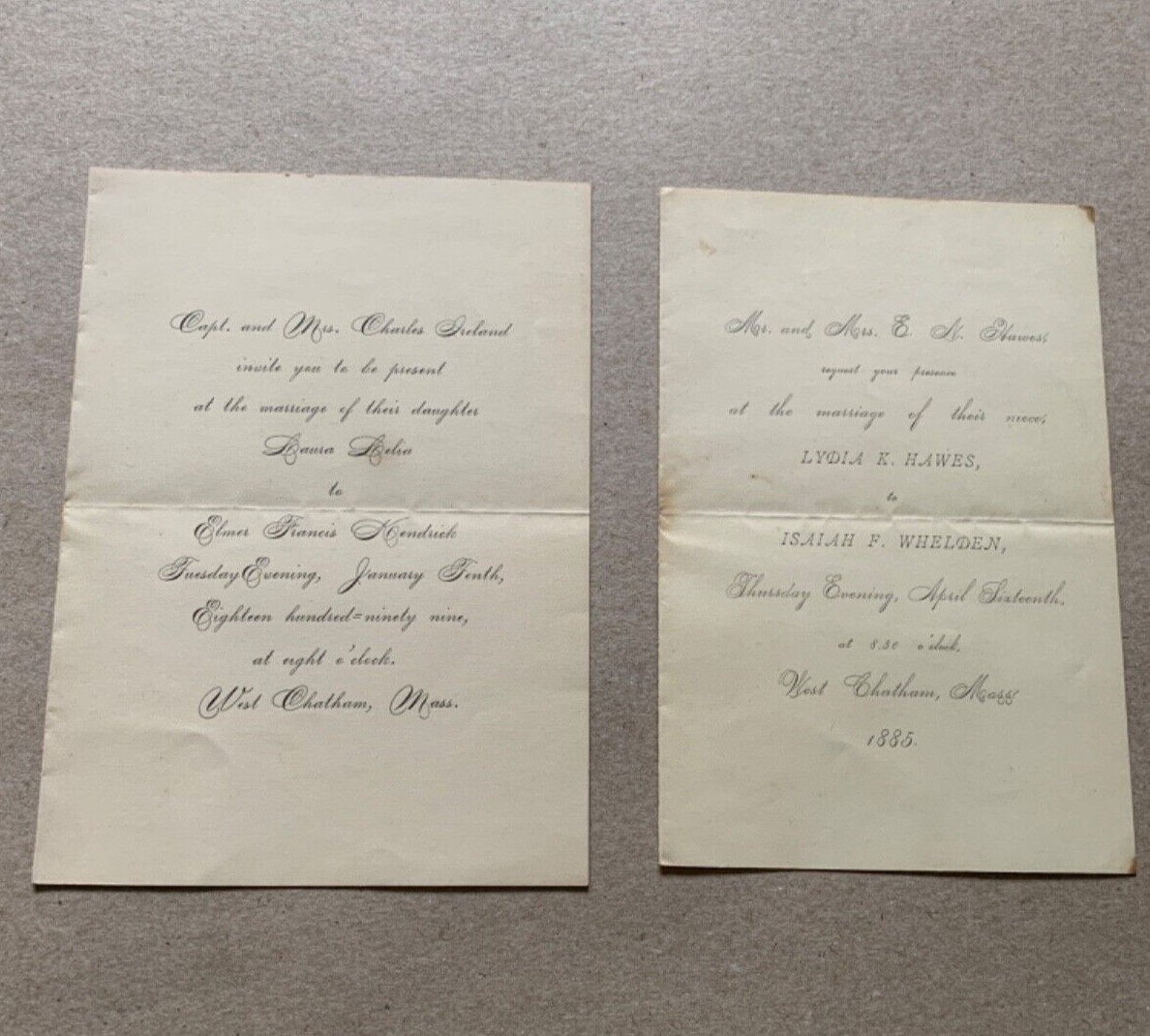 2 West Chatham, Massachusetts Wedding Invitations 1885 1889 Kendrick Whelden