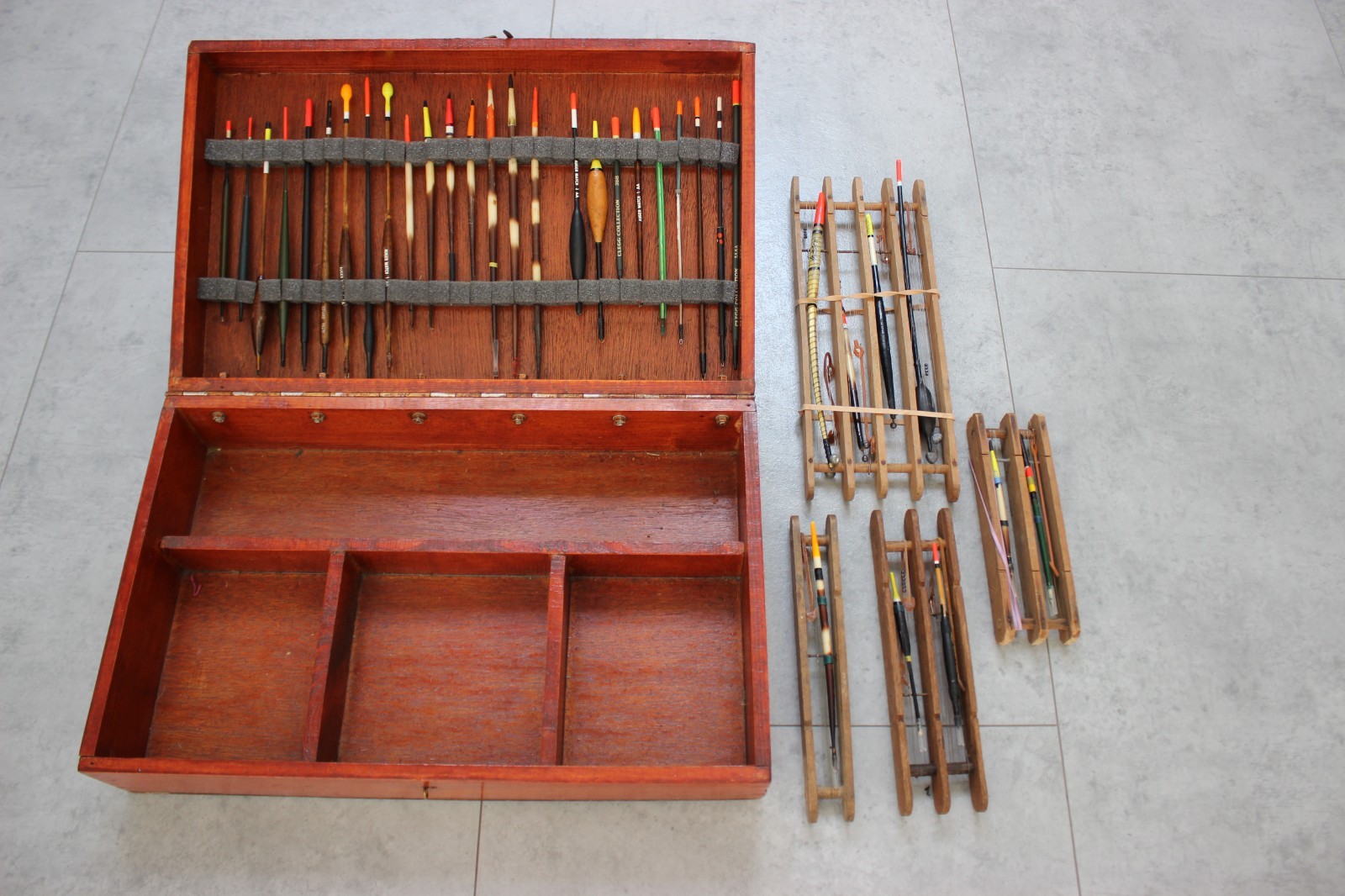 Box of 25 Vintage Floats and Wooden Box and Pole Rigs