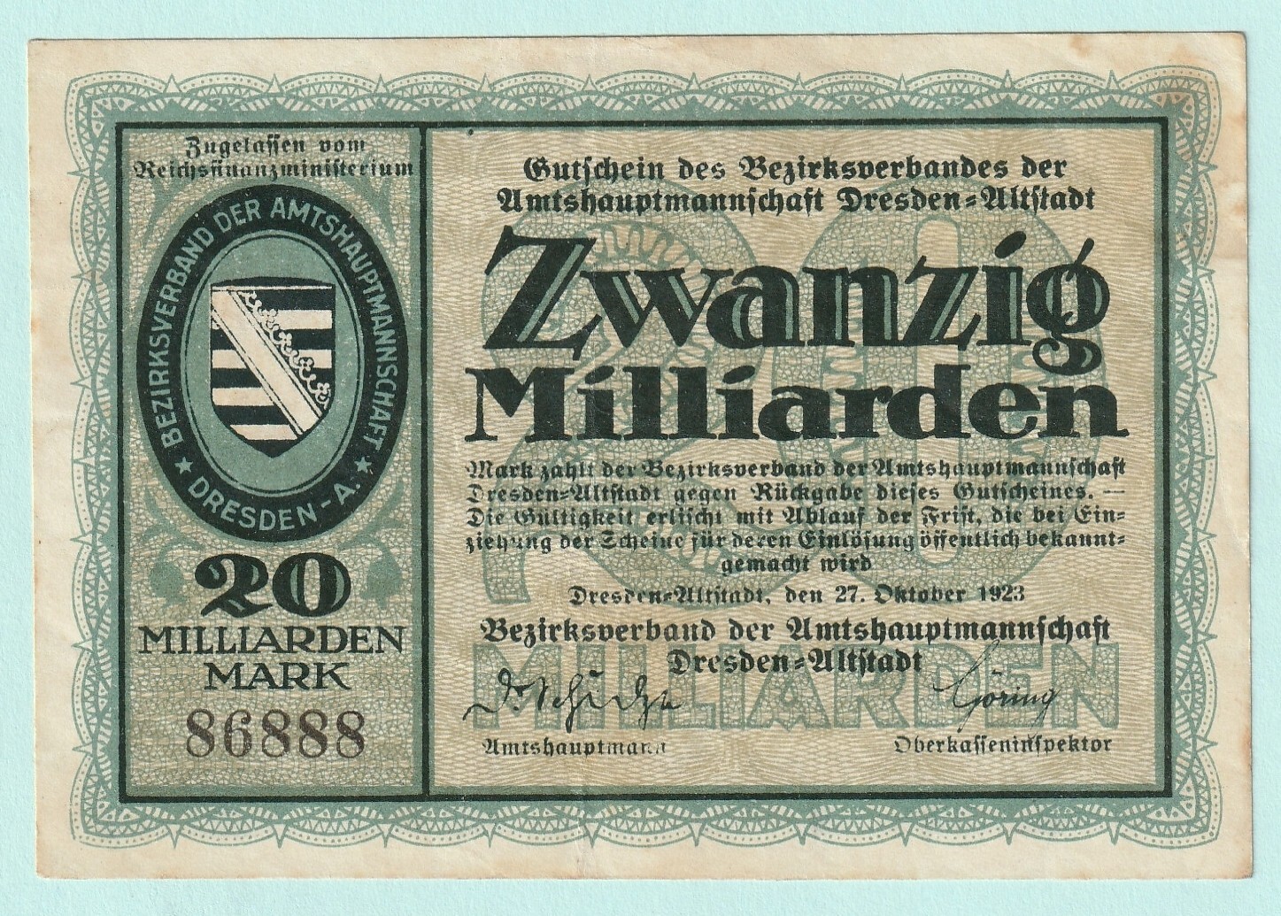 GERMANY BANKNOTE 20 BILLION MARK DRESDEN 1923