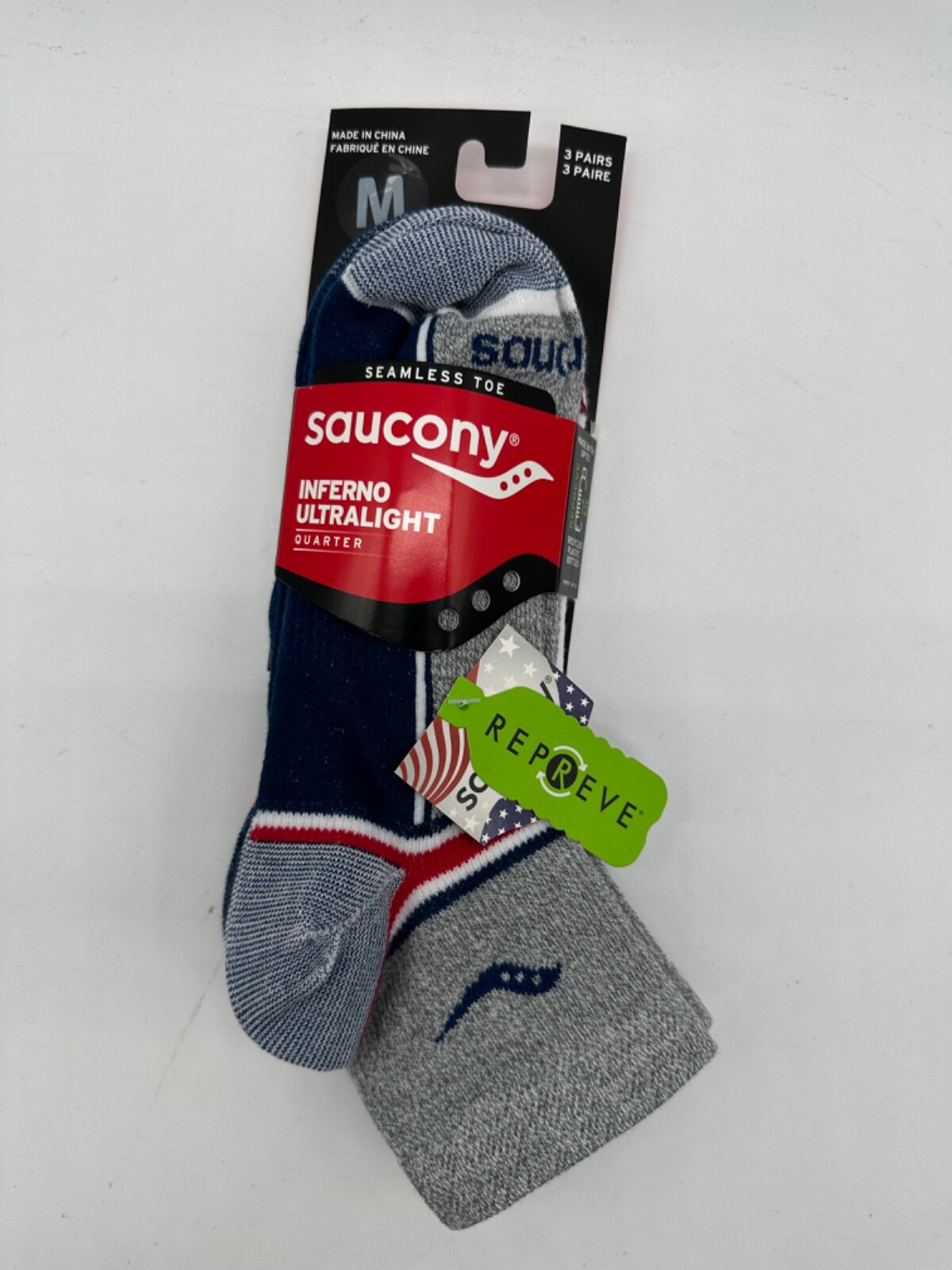 3 PAIR PACK QUARTER SOCKS SAUCONY RUN DRY INFERNO ULTRALIGHT SEAMLESS  MEDIUM