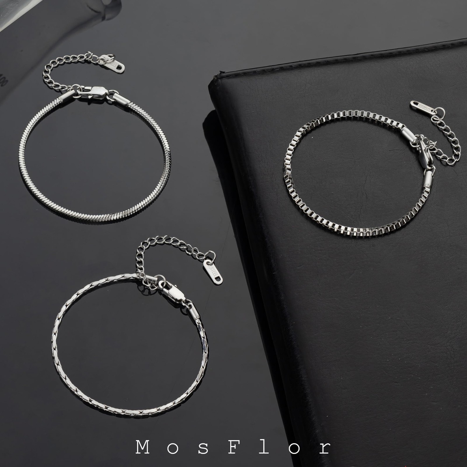 Silver Bracelet for Men - 3 Pcs Mens Stack 14K 7+2 Inch,