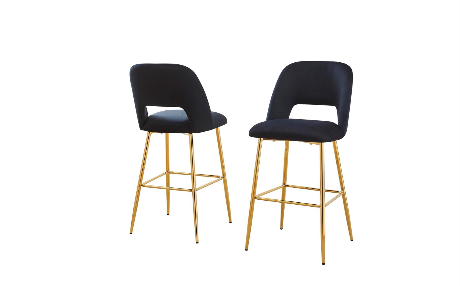 Best Quality Furniture Set of 2 Barstools with Black Velvet and Gold Chrome