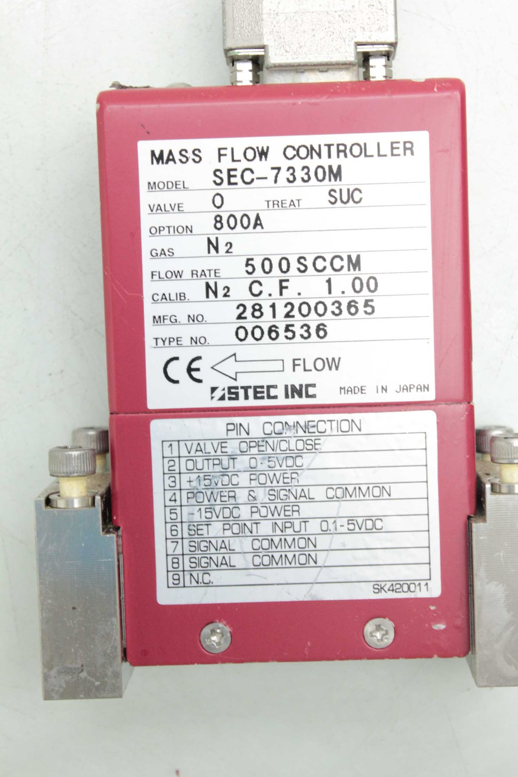 Stec SEF-7330 Mass Flow Controller / 500SCCM Flow Rate / for N2 Nitrogen