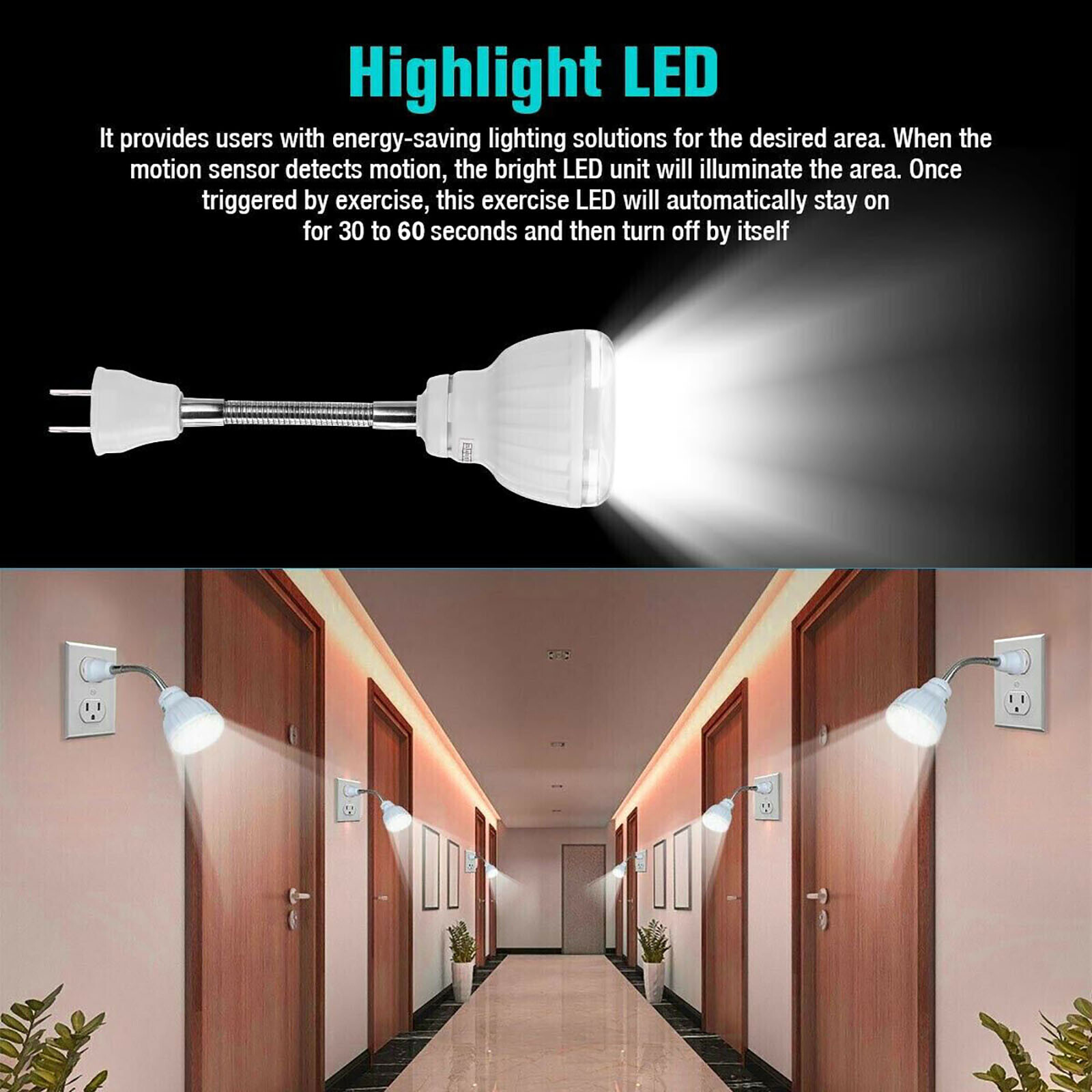 LED Motion-Activated Sensor Night Light Indoor AC Outlet Plug-In Wall Stair Lamp