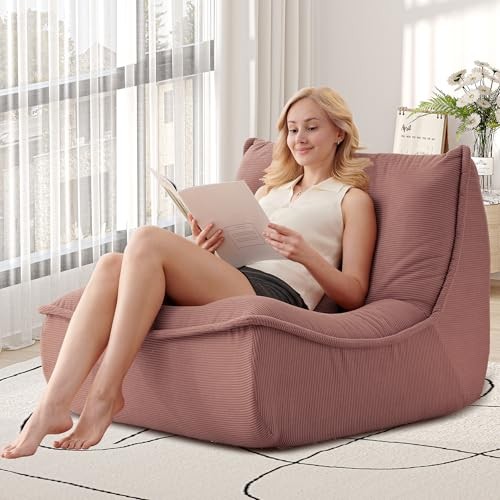 Bean Bag Chair for Adults, Single Lounge Chair with Lumbar Pillow, Comfy Pink