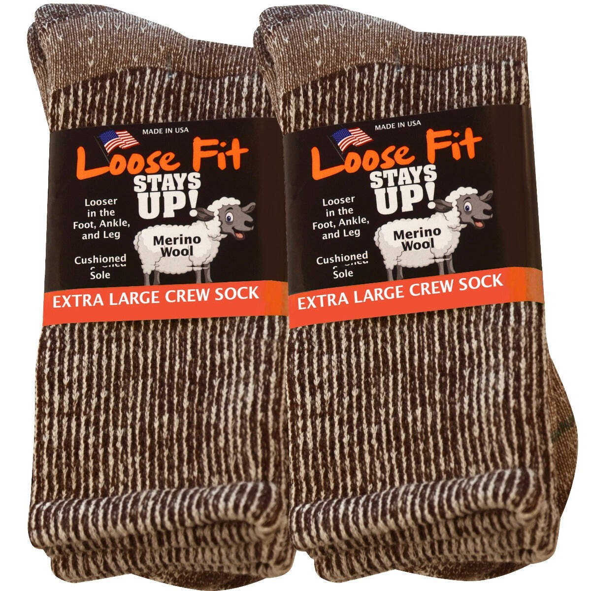 Loose Fit Marled Merino Wool Crew Socks to 5E - Brown - 2pk