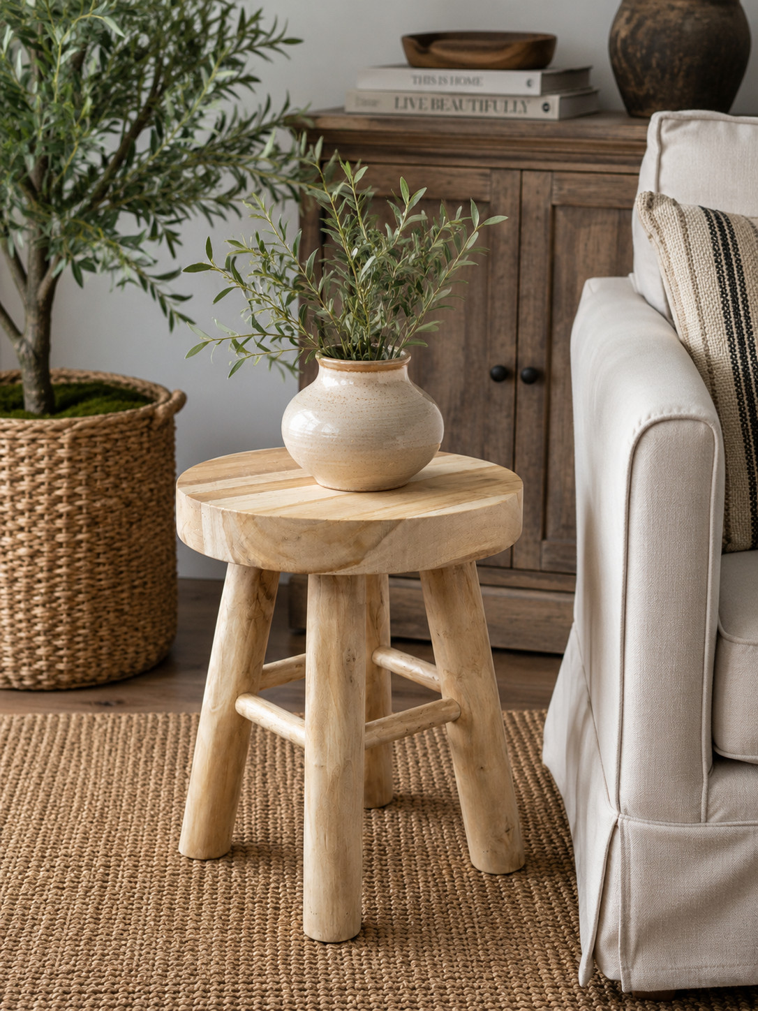 Rustic Wooden Stool Farmhouse Side Table Solid Wood Seat Kitchen Bathroom
