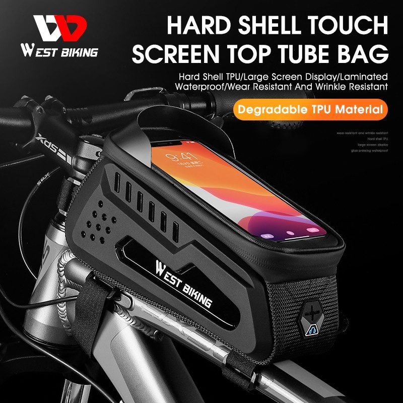 WEST BIKING Waterproof Bicycle Bag Hard Shell Touch Screen Bike Top Tube Bag 2L