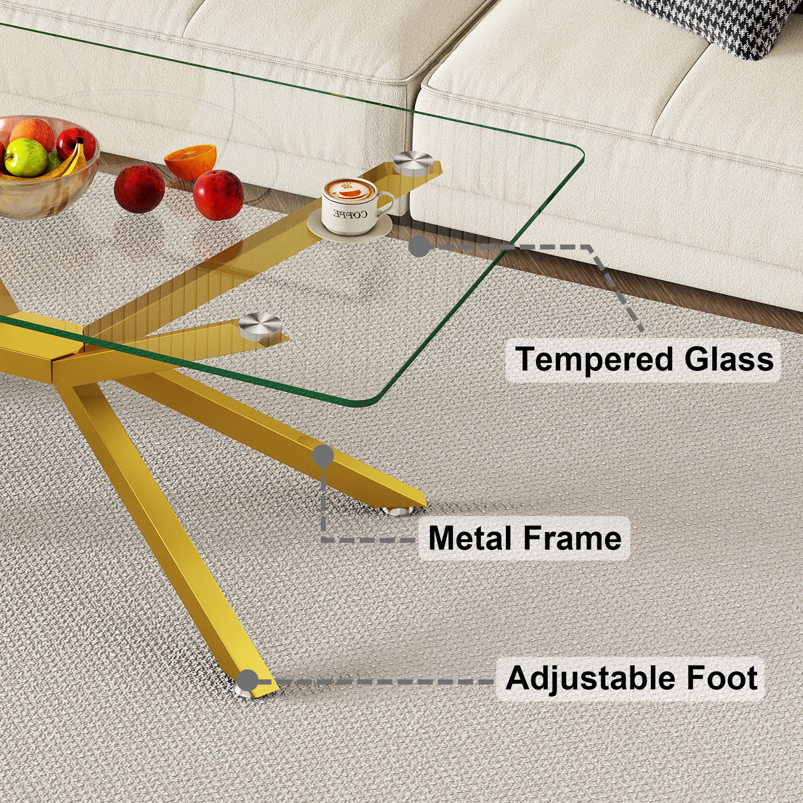 39.37" Rectangular Clear Tempered Glass Coffee Table,Stylish Design with Gold