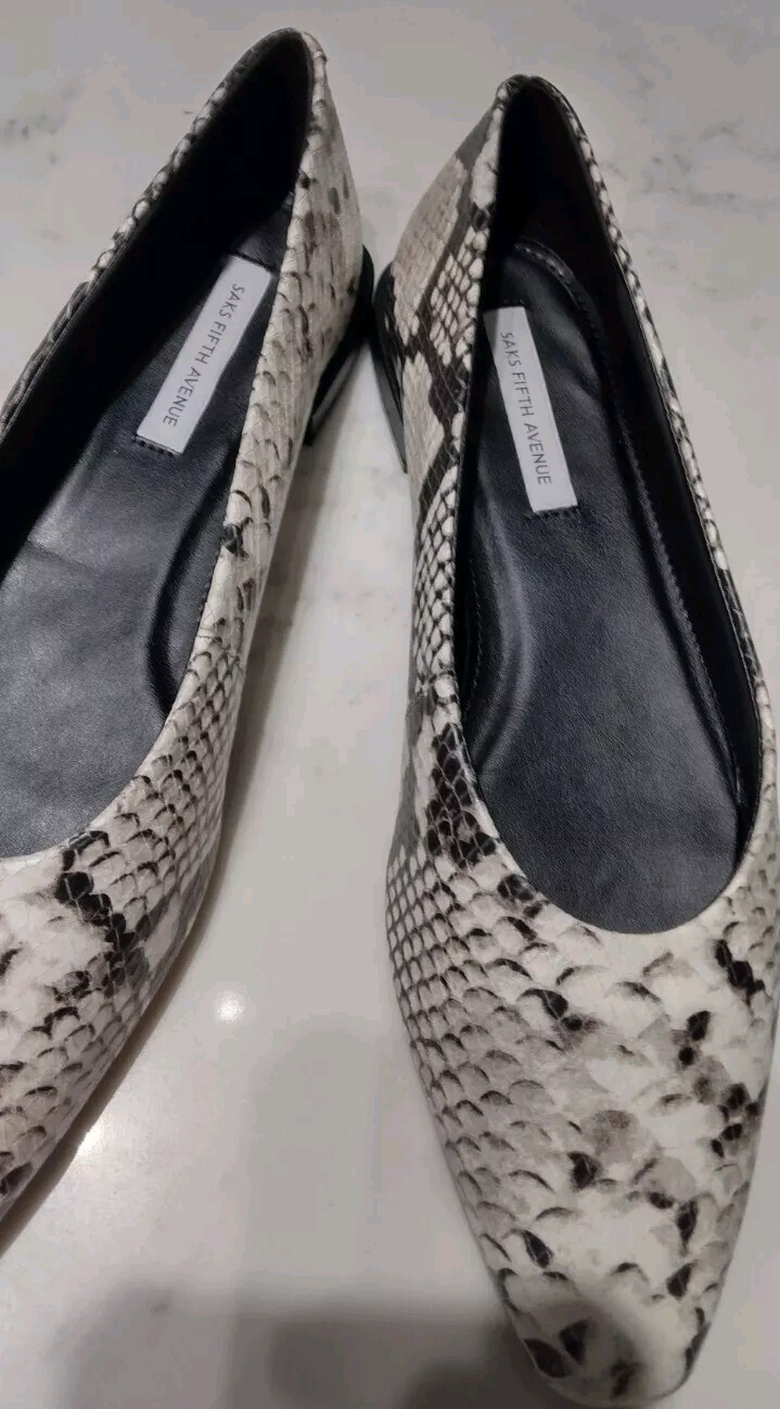 Saks Fifth Avenue Women's Embossed Python Black White Flats Size 8