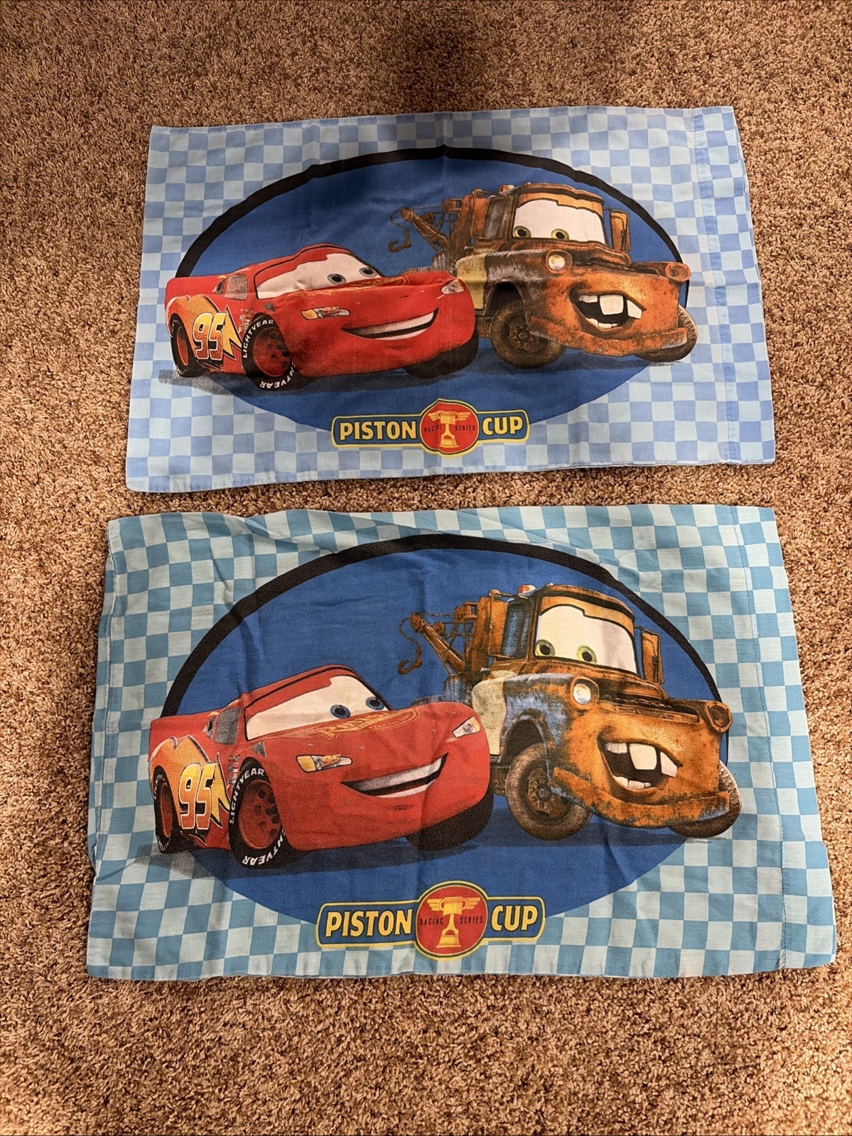 Two Disney Pixar Cars Pillowcase Standard Lightning McQueen Mater Piston Cup