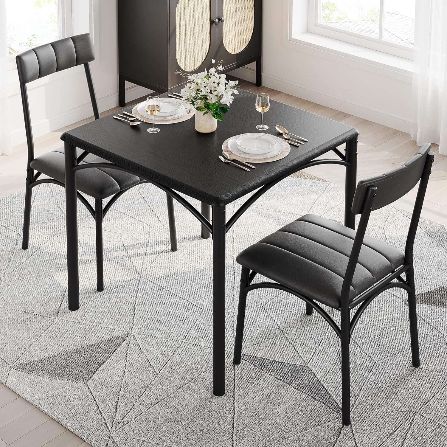 Compact 3-Piece Dining Set for 2 with Cushioned Chairs - Black Finish