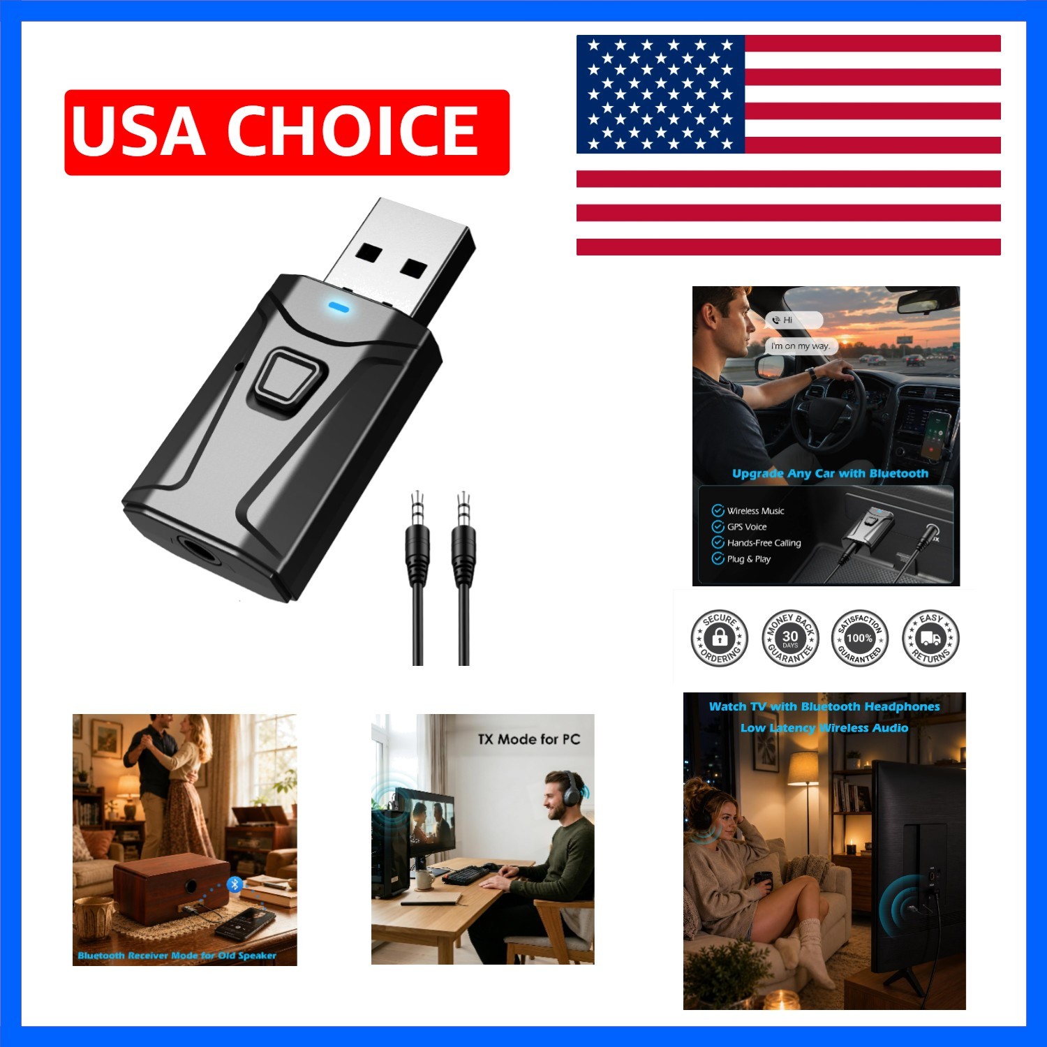 USB Bluetooth Adapter for Car & TV, 2 in 1 Bluetooth Transmitter Receiver, 3....