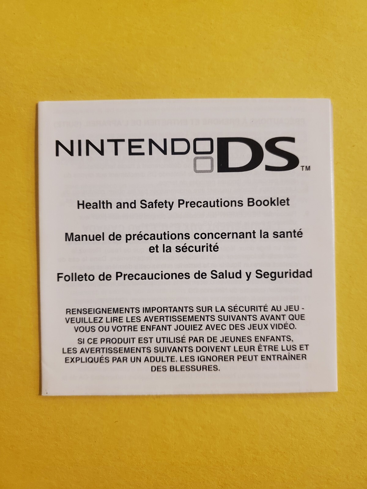 Nintendo DS Health Safety Instructions INSERT ONLY Replacement - Authentic
