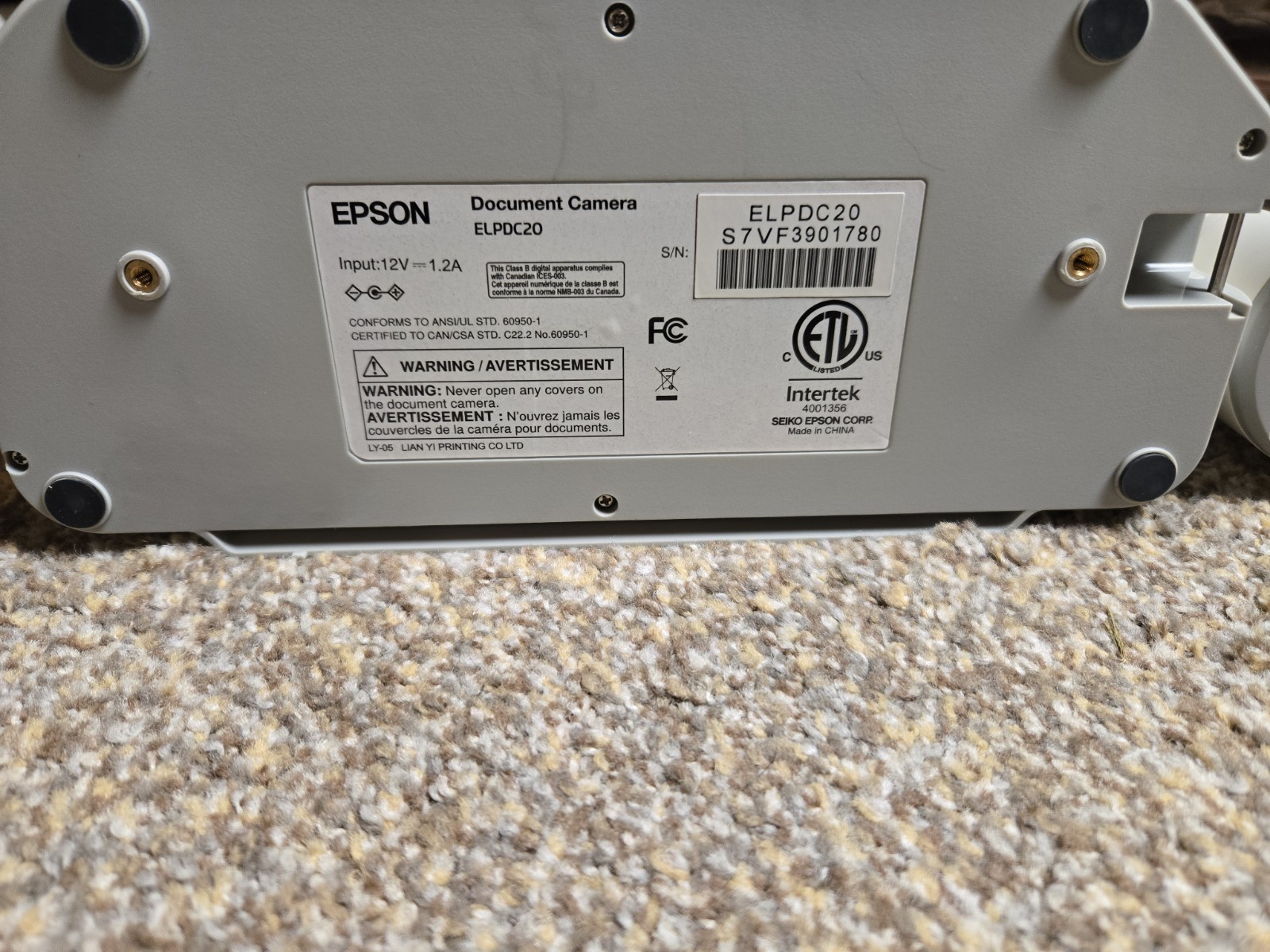 Epson ELPDC20 Presentation Document Camera - NO POWER SUPPLY, UNTESTED!