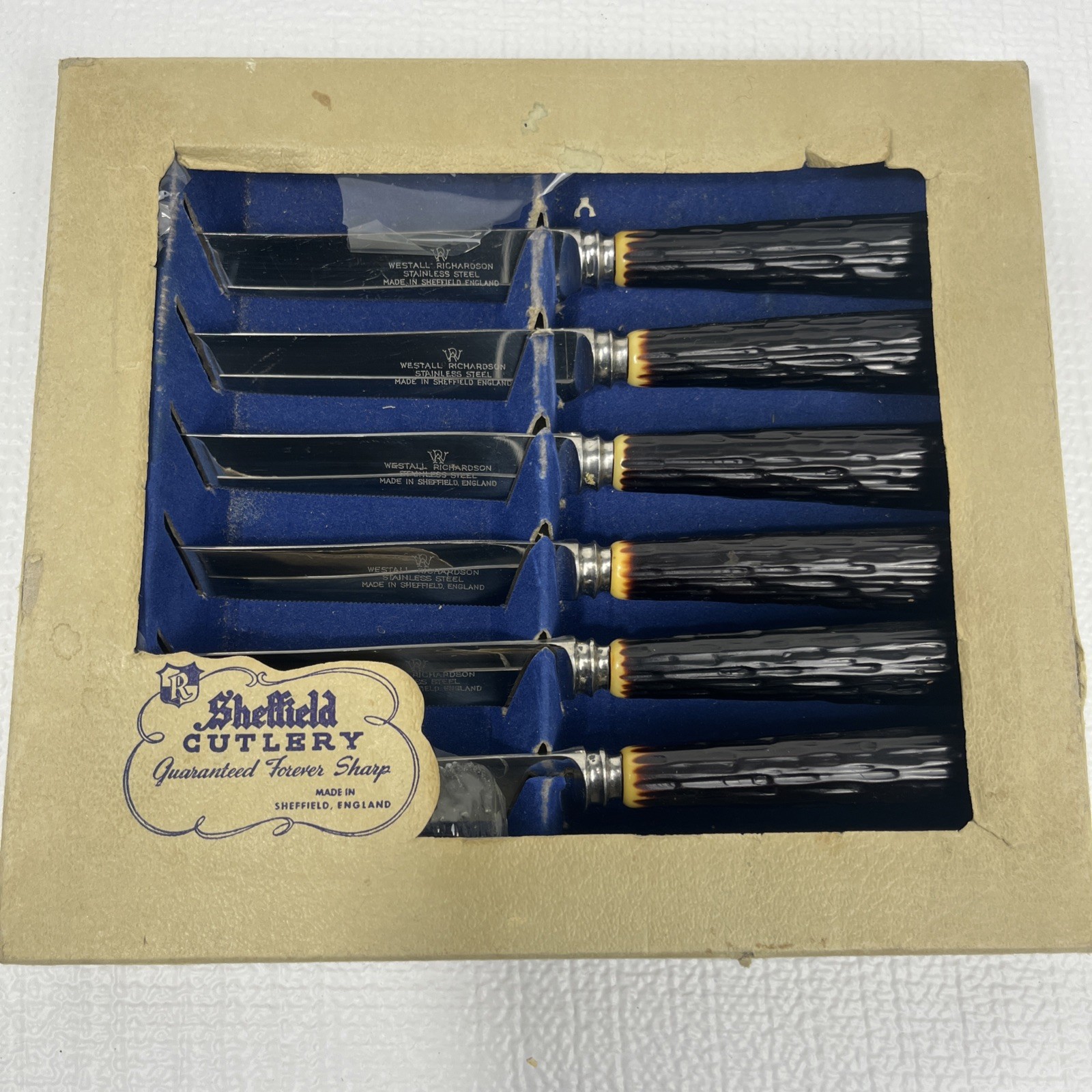 Westall Richardson Sheffield England 6 Steak Knifes Faux Handles Stag Antler
