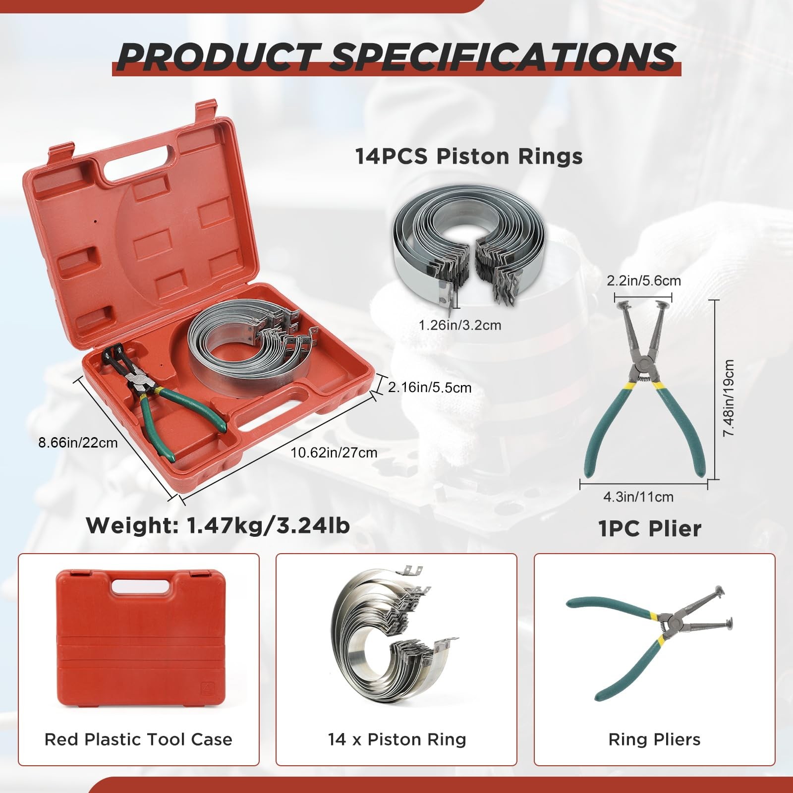 Piston Ring Compressor Tool With Pliers And 14 Rings (2.4" - 5.7"),