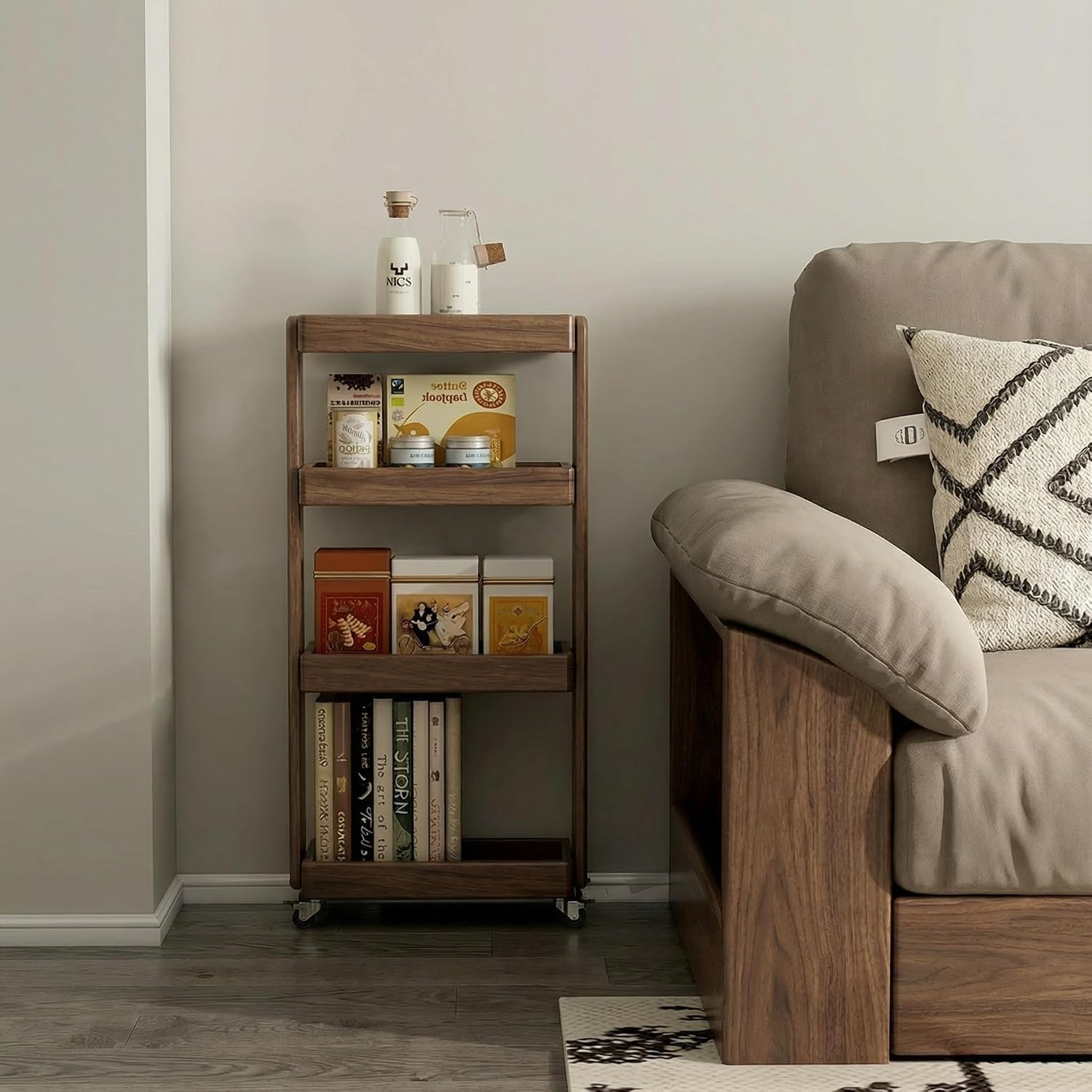 Small Narrow Side Table with Wheels, Skinny End Table for Small Spaces, 4 Tier S