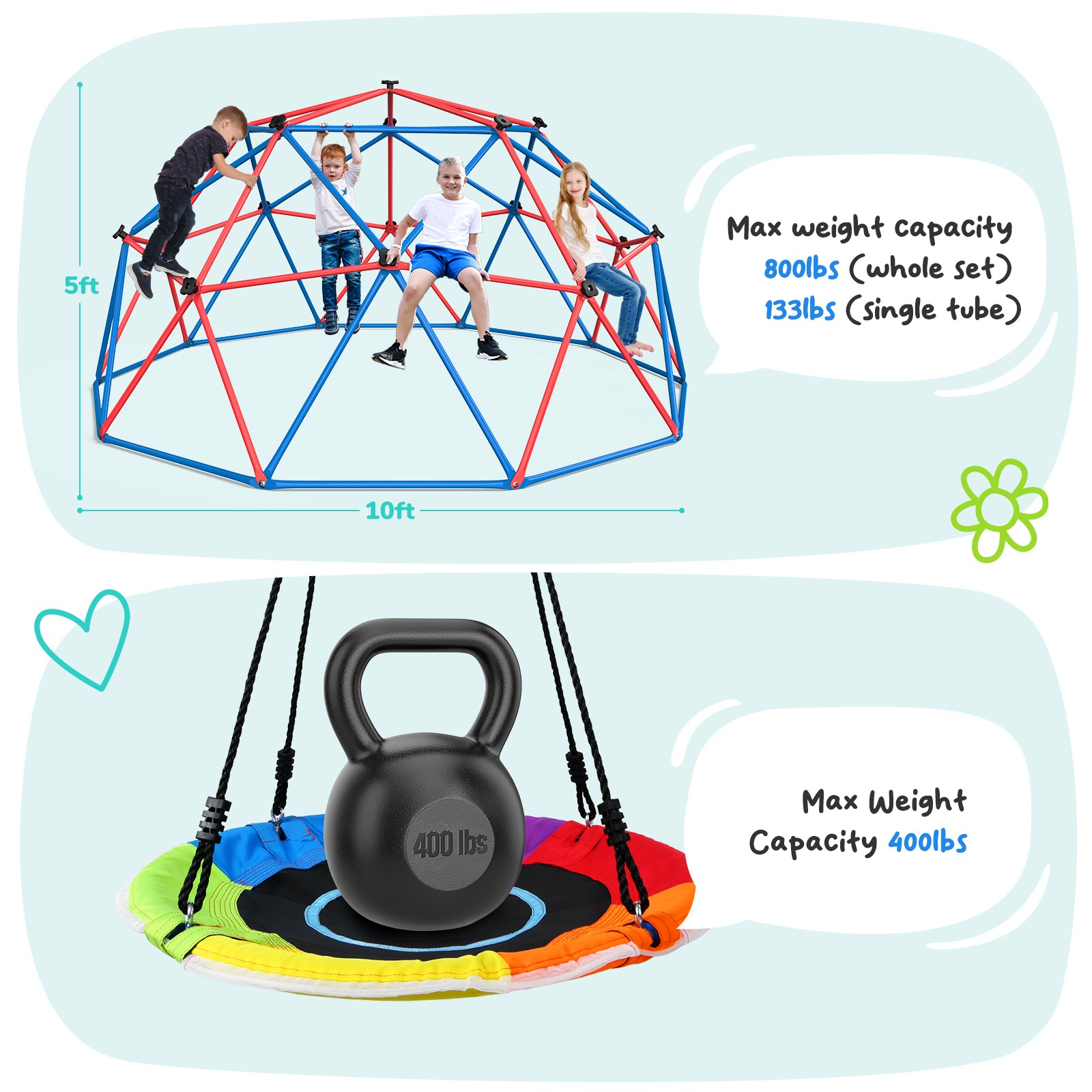 10ft Climbing Dome with LED Saucer Swing Jungle Gym Outdoor Fun Dome Swing Set