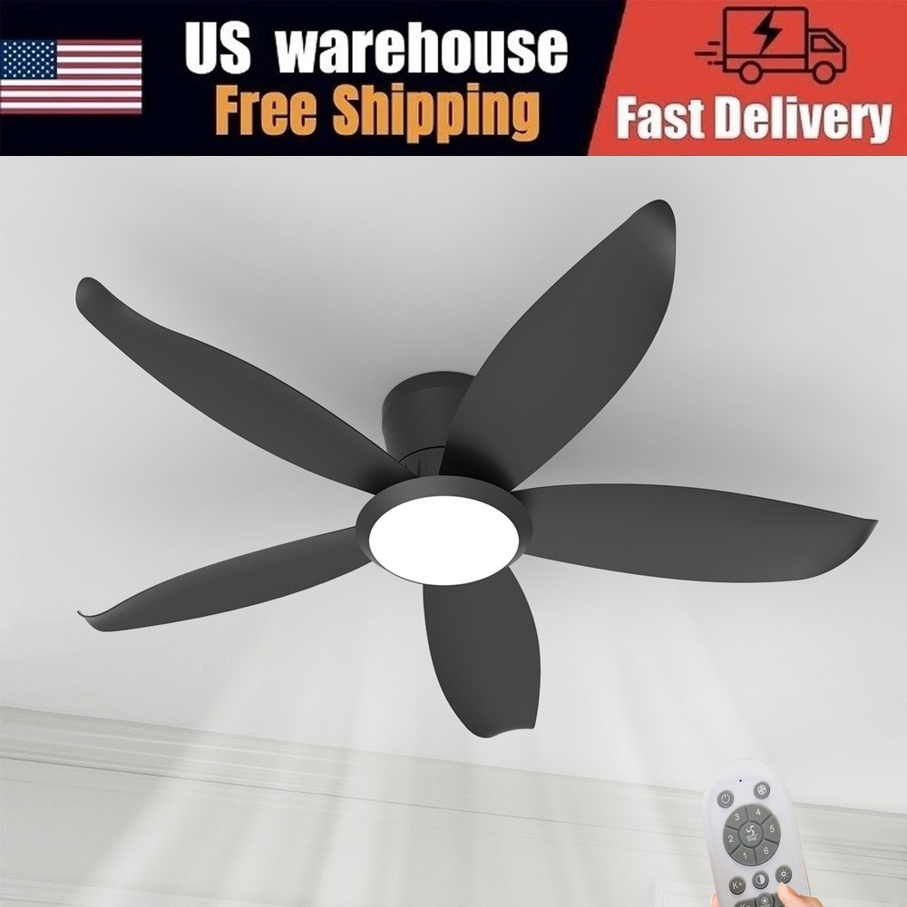 42" Low Profile Ceiling Fans with LED Light Black Flush Mount Remote APP Control