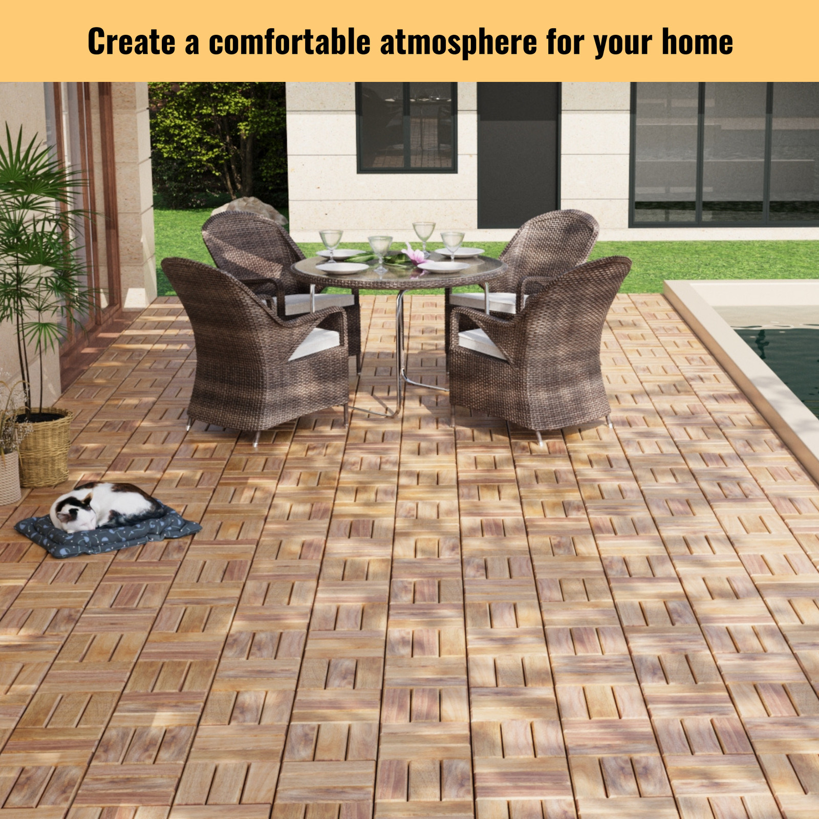 20 PCS Interlocking Deck Tiles Checker Pattern, 12" x 12" Square Yellow Acacia