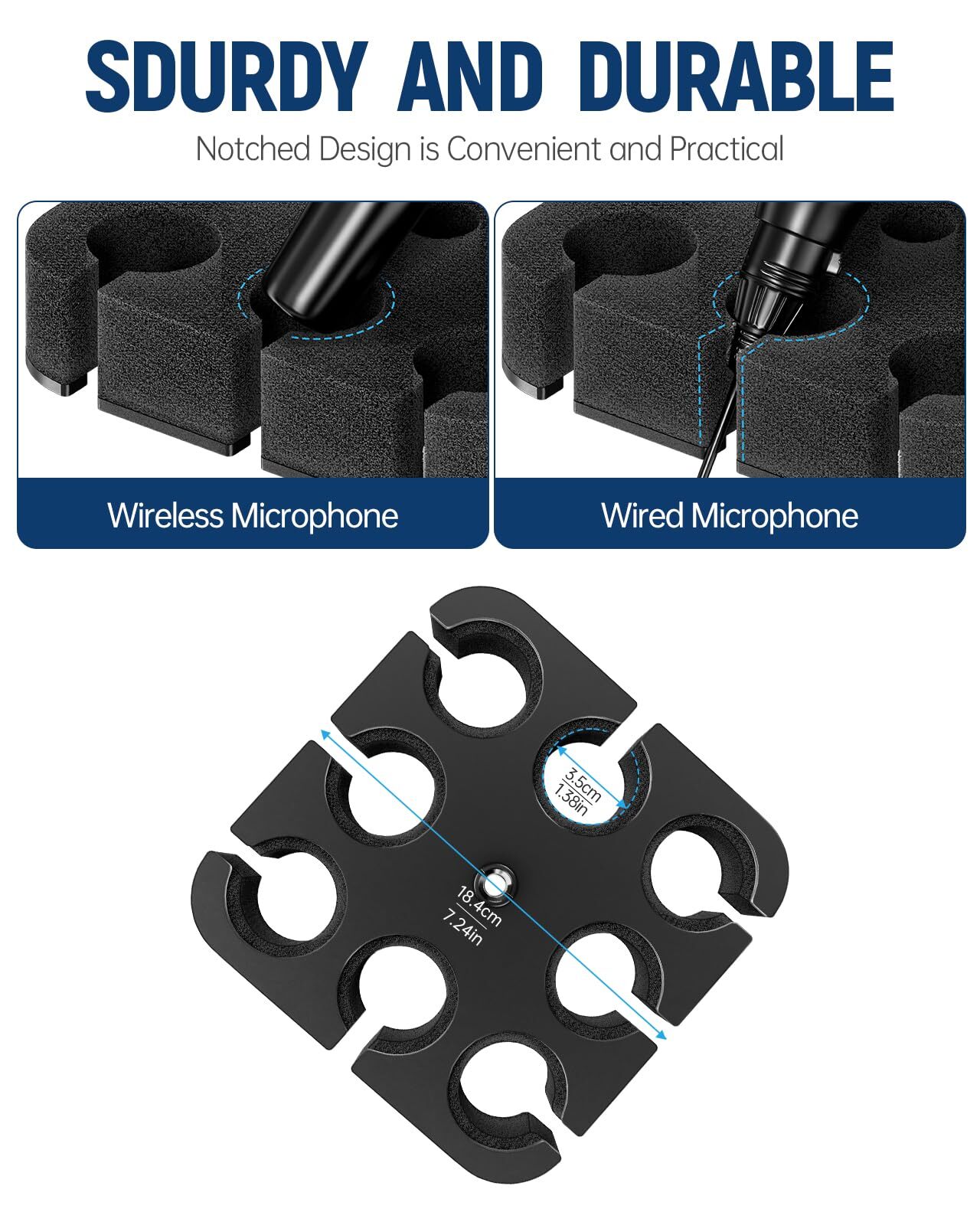 Multi Microphone Holder Square Tray with Foam Padding for 8 Wireless/Wired Mics