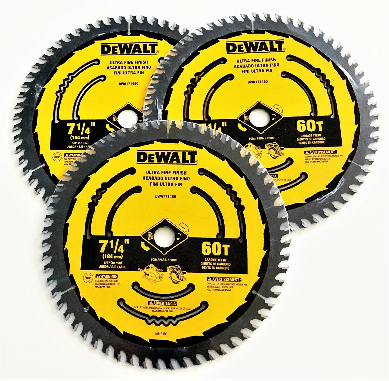 3 DEWALT 7-1/4 CARBIDE TIPPED CIRCULAR SAW FINISH BLADES 60T 60 TOOTH DWA171460