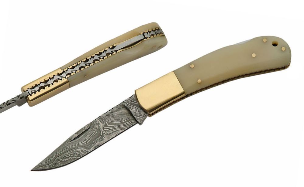 Damascus Steel Blade Folding Knife | White Bone Brass Classic Lockback