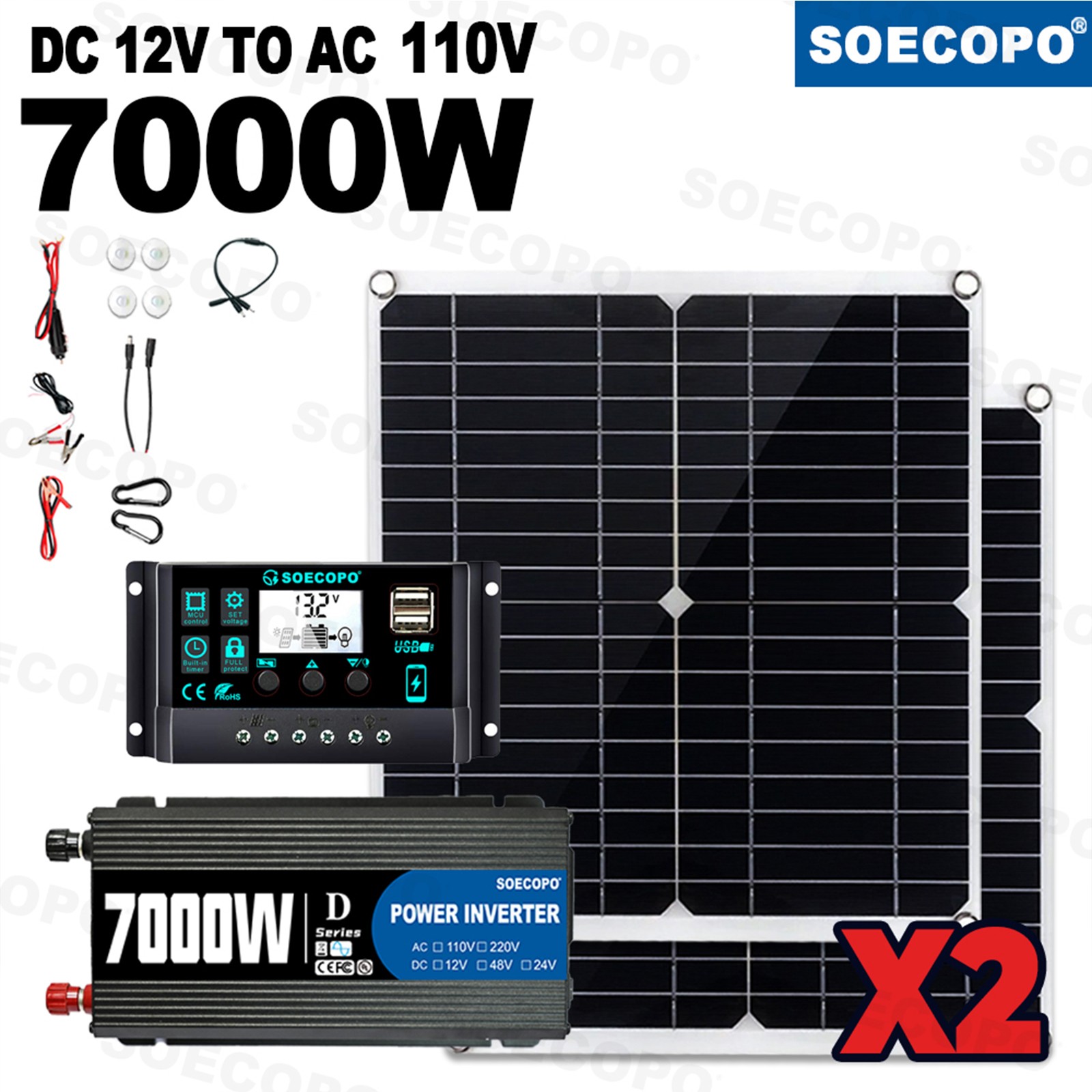 7000W Off-Grid Solar Kit 7000W Inverter 2pcs 300W Solar Panels 12V to 110V