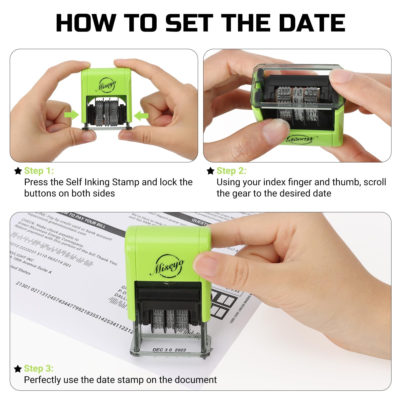 Self Inking Date Stamp - Green (2 Black Refill Ink pad Included)