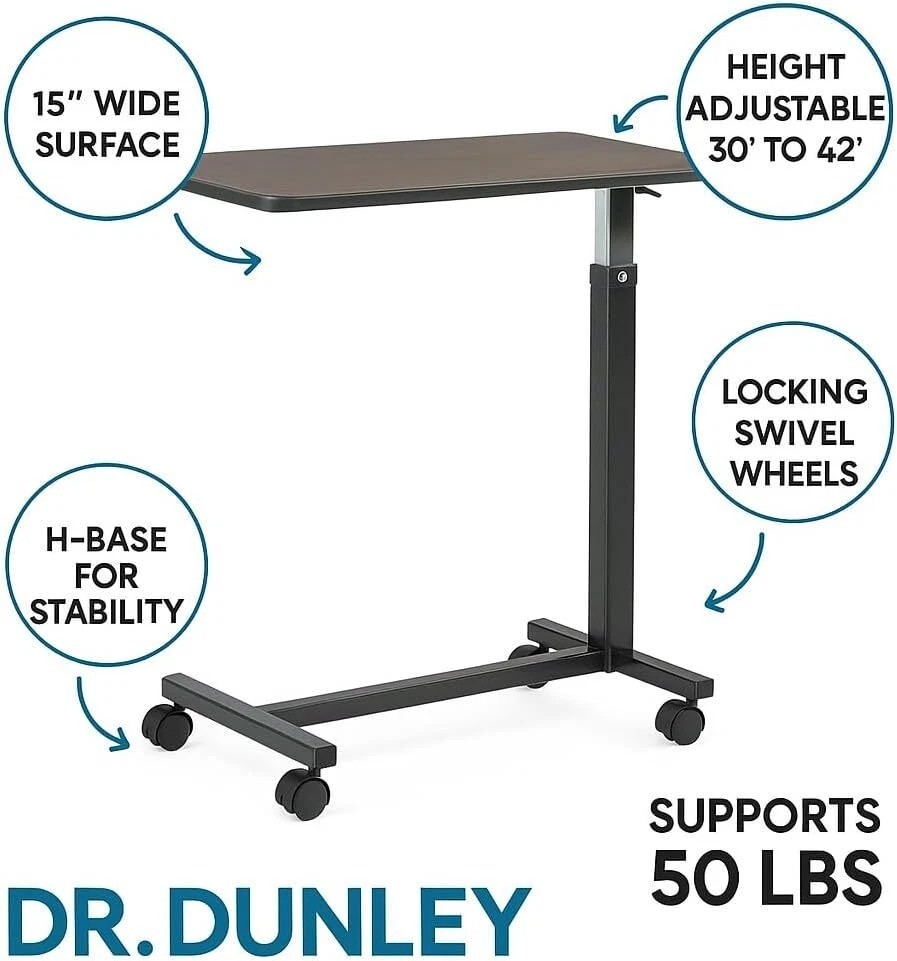 Overbed Table on Wheels Height Adjustable 30” to 42” Rolling Home Medical Table
