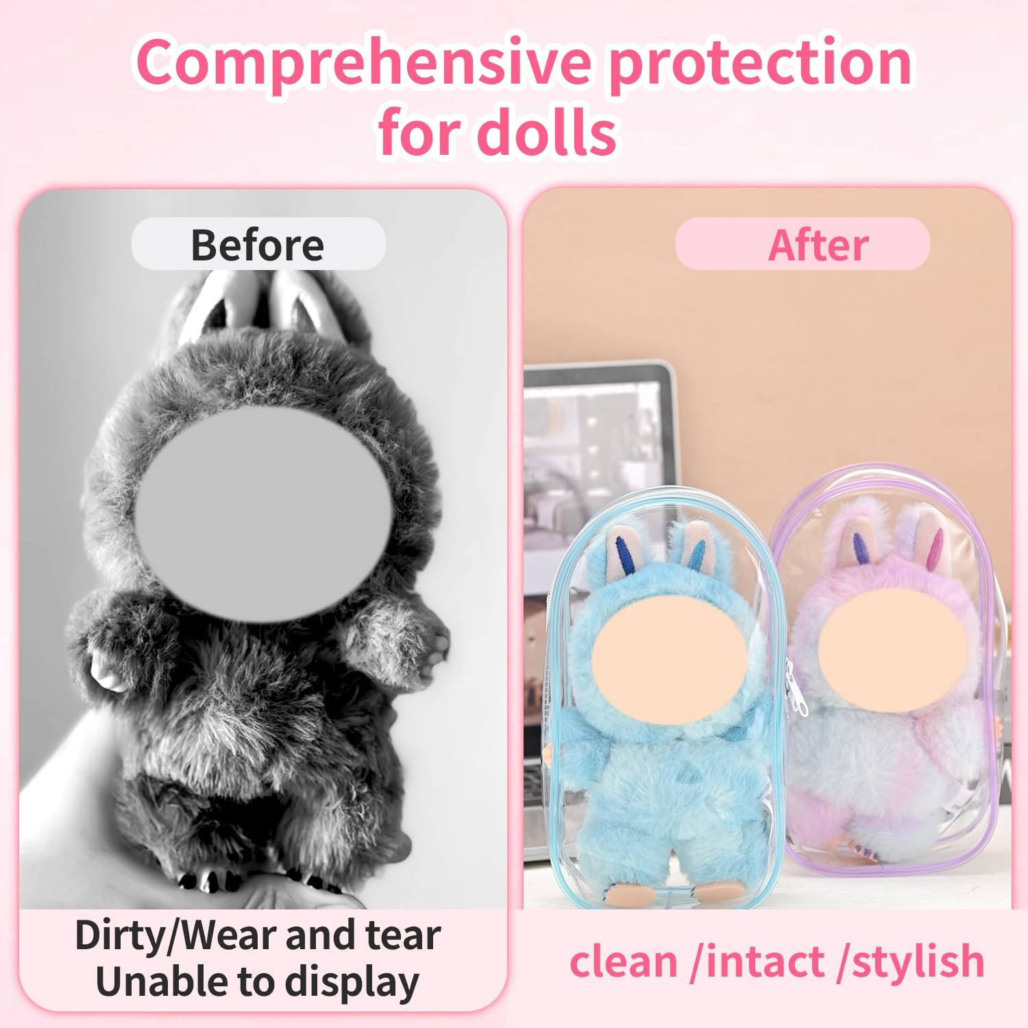 2PCS Protective Case Compatible with LABU Doll,Storage Pouches PVC Bag