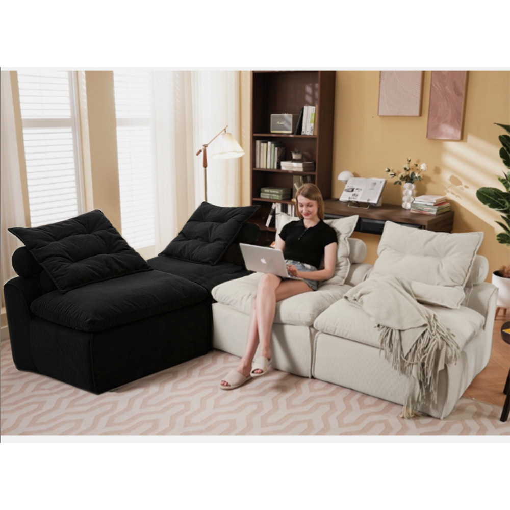 4-Piece Armless Corduroy Modular Sofa w/ Neck & Lumbar Pillows, Beige & Black