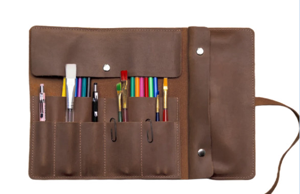 pencil storage pen bag pocket roll stationery Pouch hold Cow Leather brown Q282