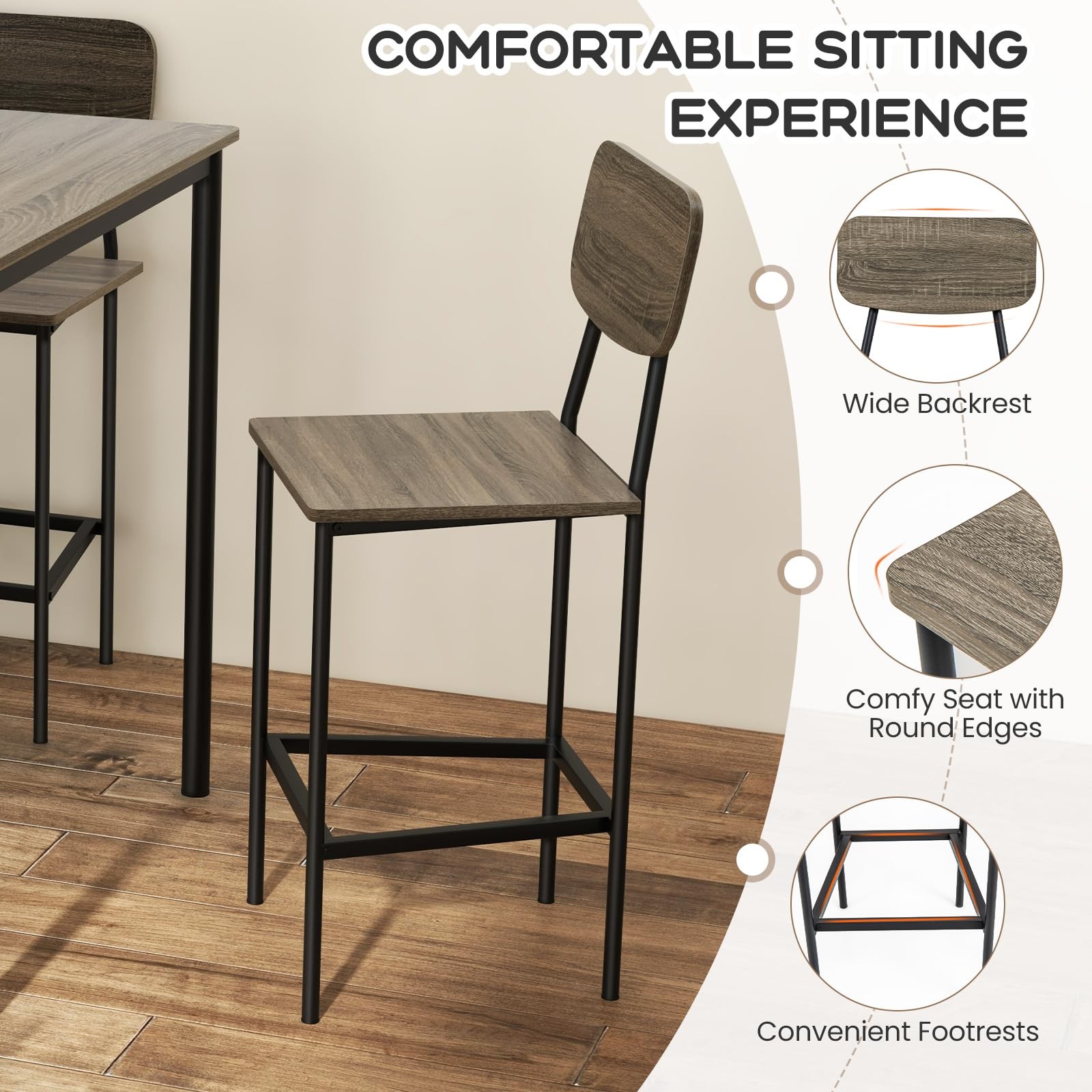 5-Piece Dining Table Set W/Counter Height Table & 4 Bar Stools, Modern Kitche...