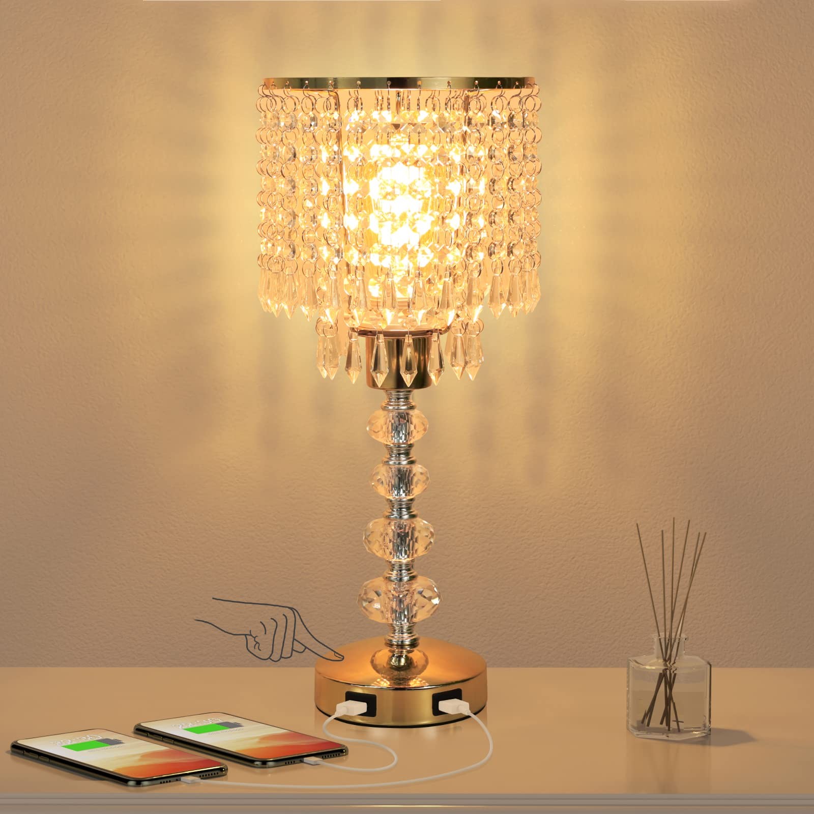 Acaxin Crystal Table Bedside Lamp Touch Control, 3-Way Medium-g, C:Gold