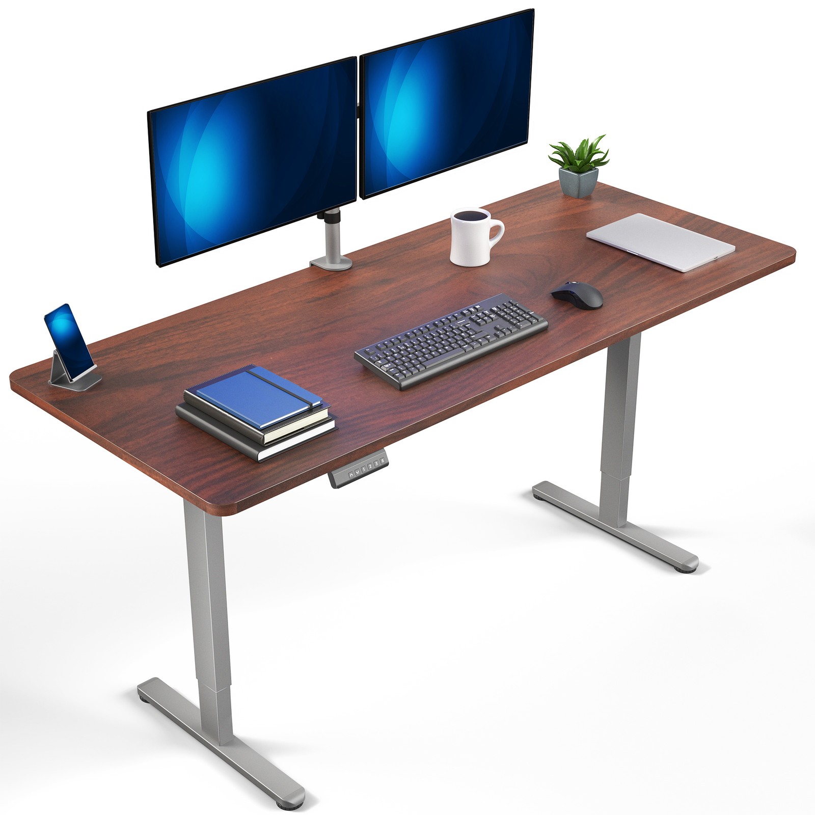VIVO Dual Motor 71” x 30” Standing Desk, 1-Piece Dark Walnut Top, Gray Frame