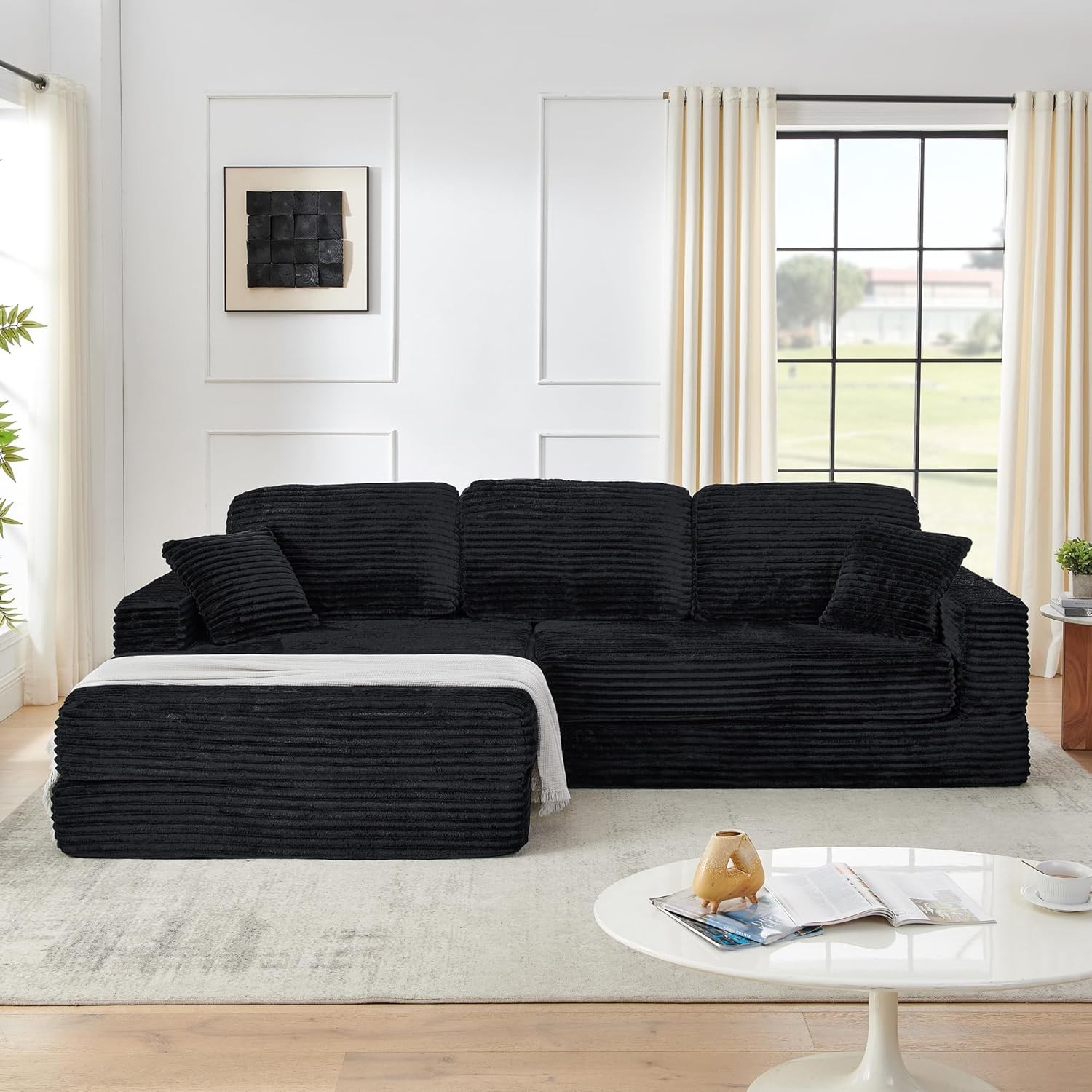 112.6" L Shape Convertible Sectional Sofa Corduroy Boneless with Left Chaise