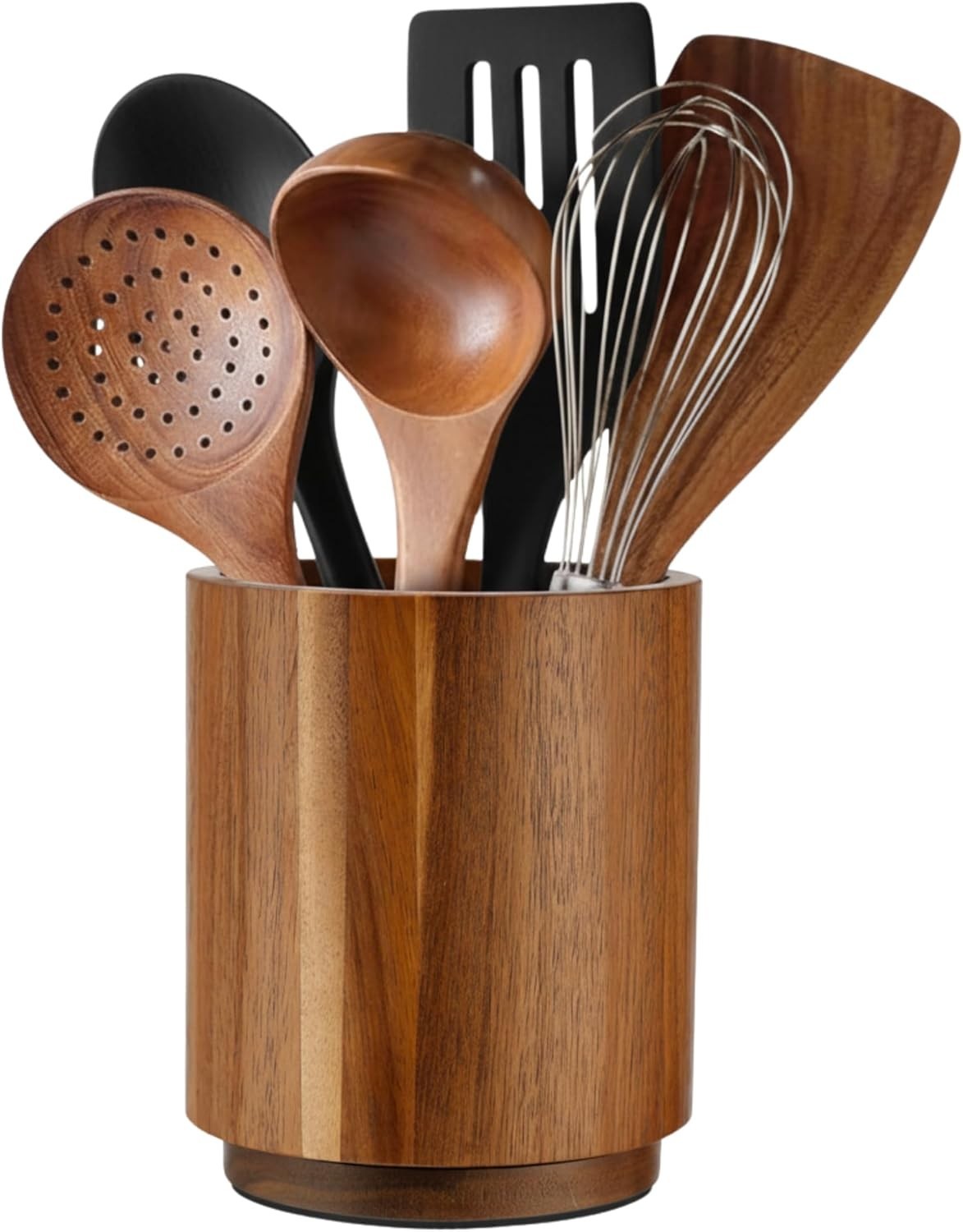 Acacia Wooden Utensil Holder for Kitchen Counter, 7.2" Wood Utensil Holder