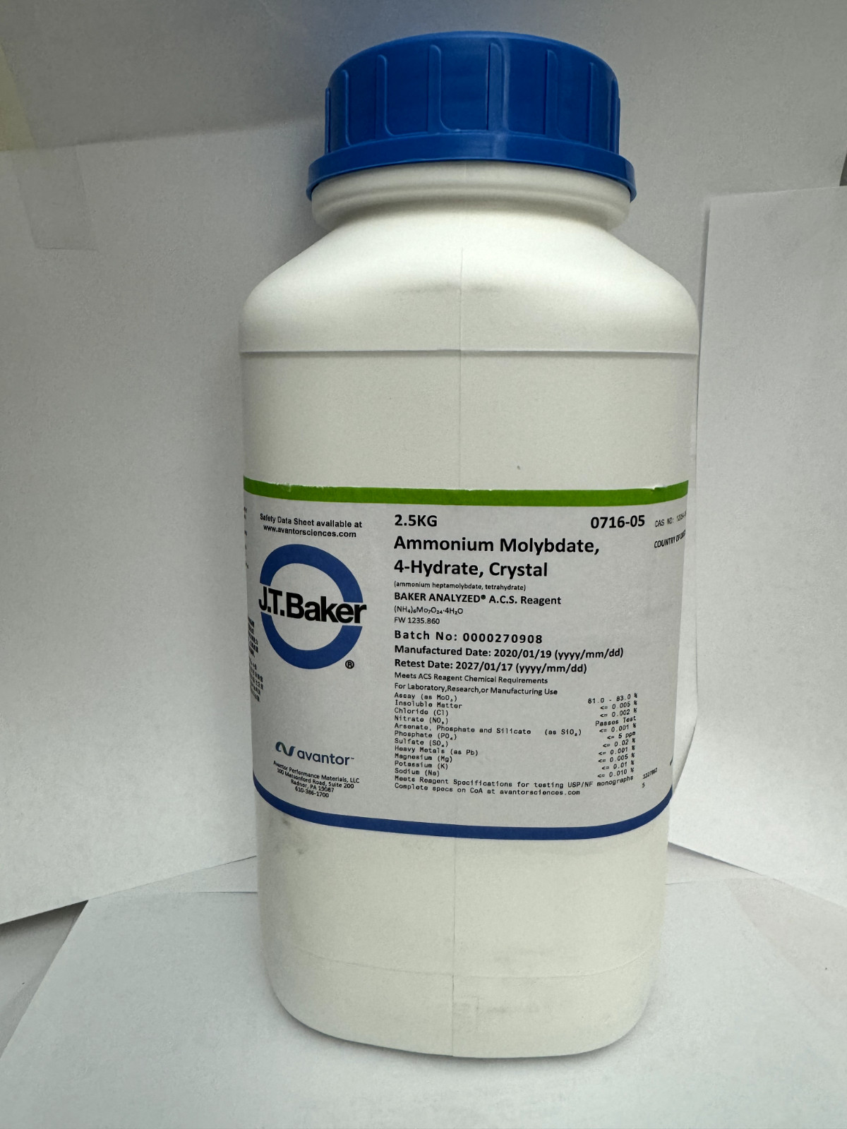 Ammonium Molybdate, Reagent ACS, High Purity, 2.5 kg, (Sealed)