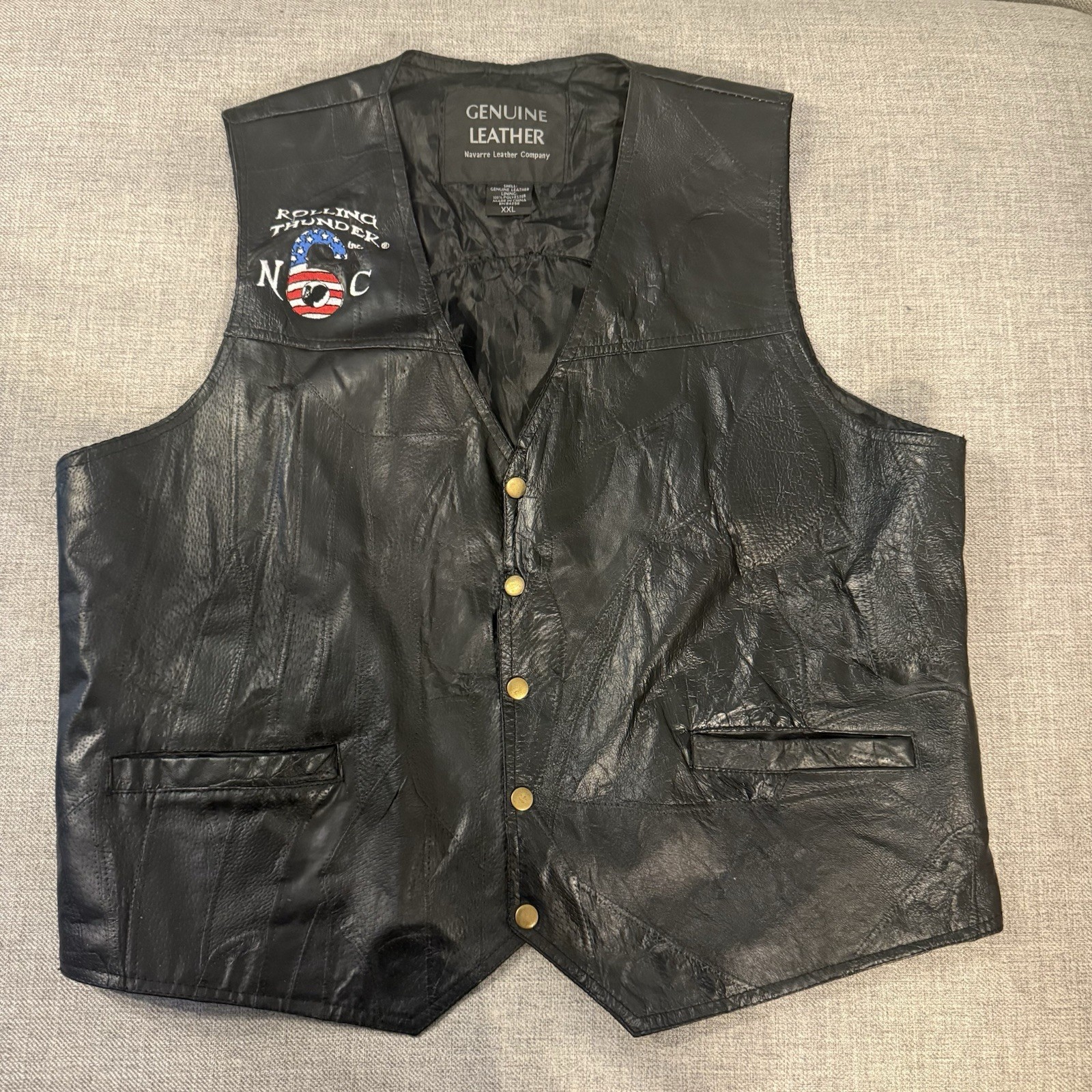 Rolling Thunder Leather Motorcycle Vest Mens XXL Black Biker Patch