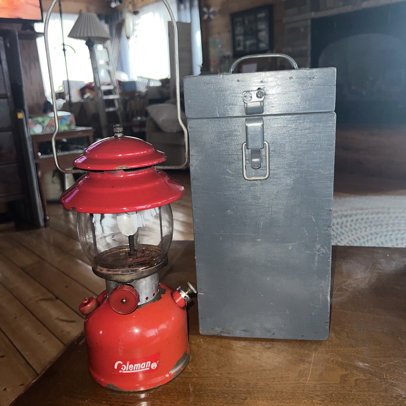 Vintage Coleman Lantern Red 200A with Pyrex Globe Dated 9/64 Wood Box