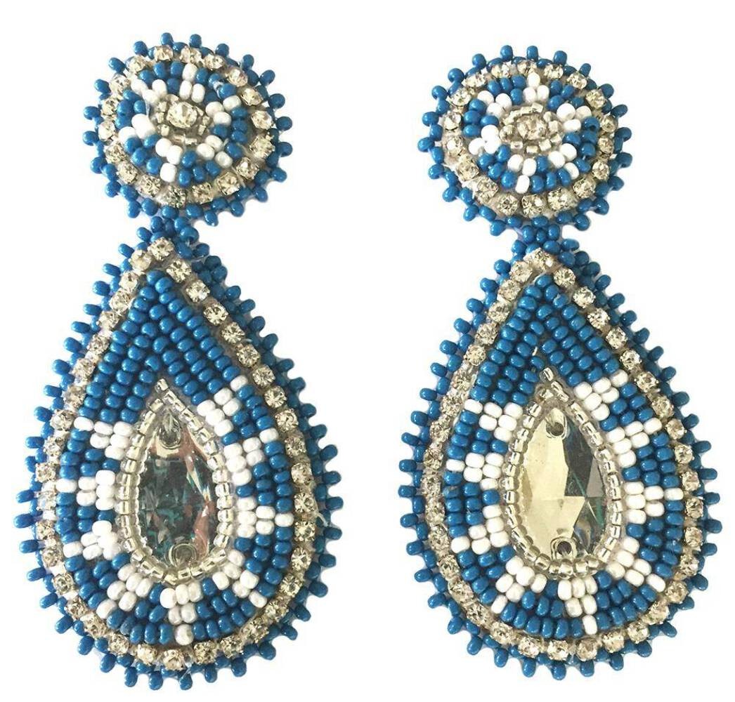 NATIVE STYLE HANDCRAFTED ARTISAN BLUE WHITE TEARDROP POST EARRINGS 60/40