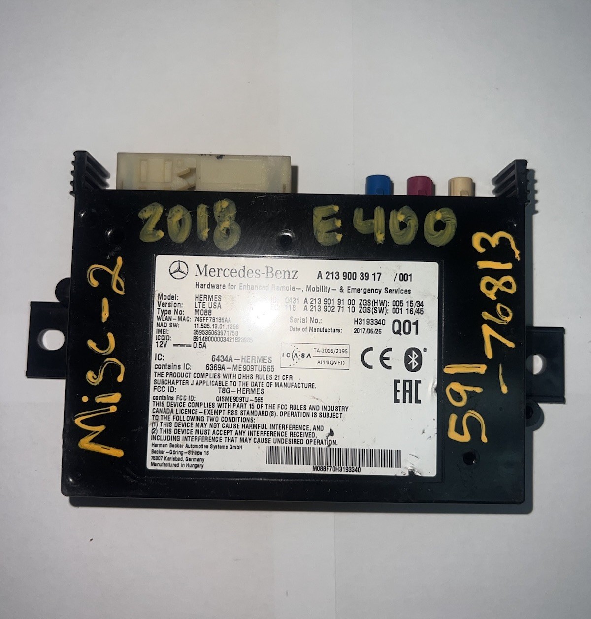 2018 MERCEDES E400 COMMUNICATION CONTROL UNIT A2139003917