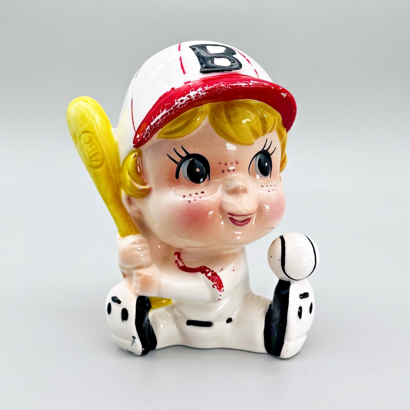 VTG 1950's Ceramic Planter Boy Baseball Theme Kitsch Japan Flaking Paint Patina